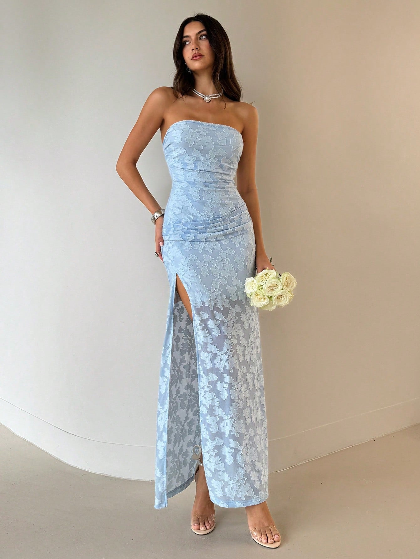 Knit Midi Dress with Floral Cutout Detail, Backless Design, and High Slit for Wedding Guest, Holiday, and Graduation Occasions