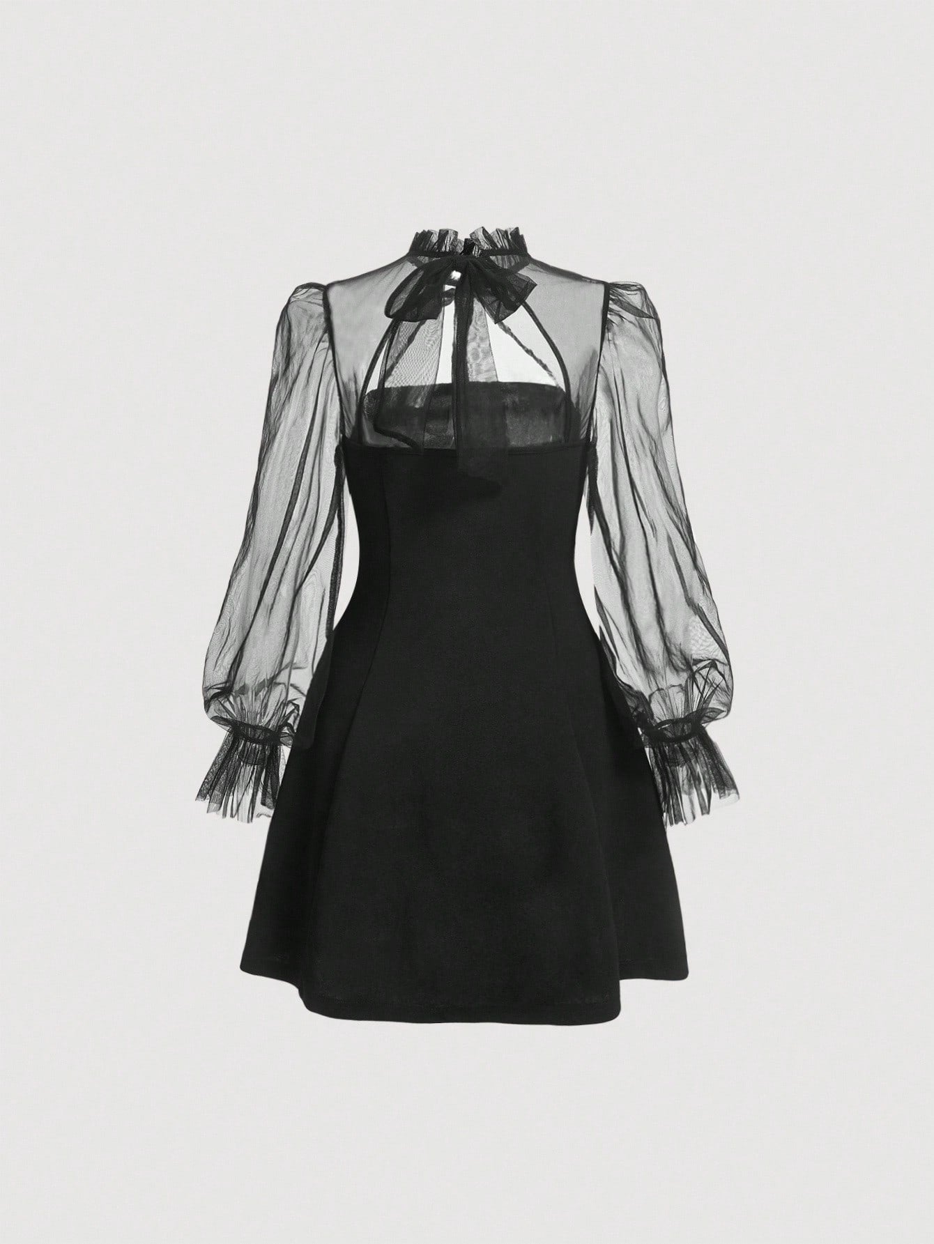 Black Long Sleeve Dress with Contrast Mesh Detail Flare Sleeves Tie Neck and High Collar Design