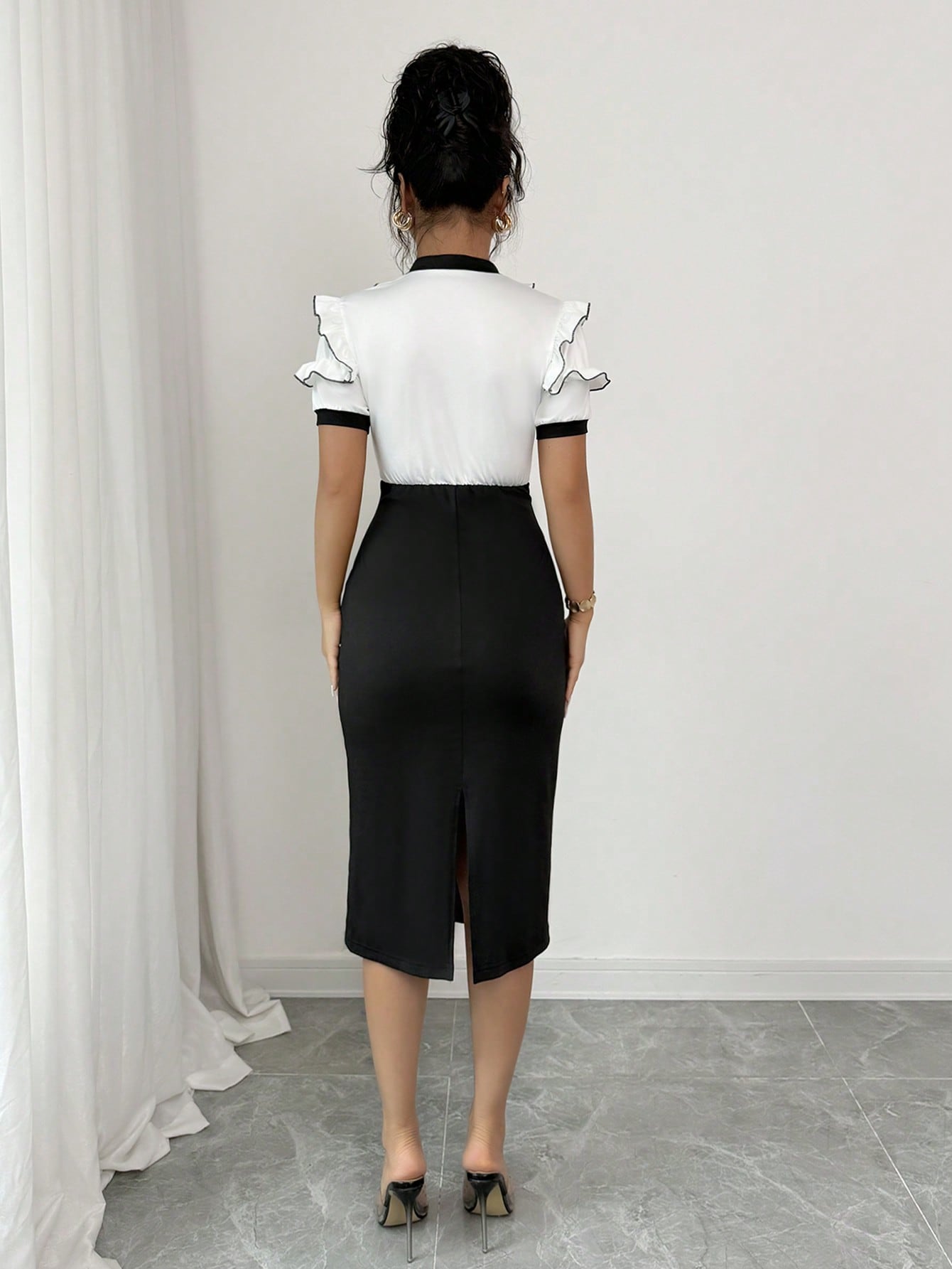 Women’s Woven Fabric Midi Dress, V-Neck Design, Ruffle Detail, Color Block Pattern, 1 Piece, For Commuting and Daily Wear