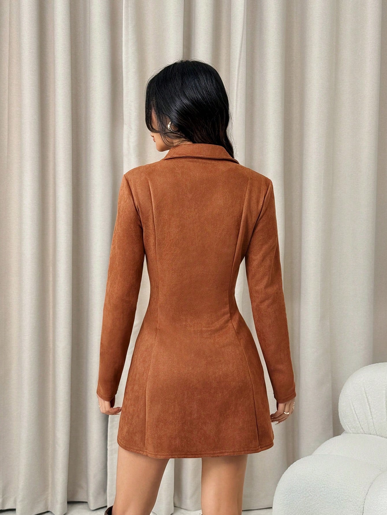 Women’s Suede-Style Fabric Short Dress, Long Sleeve Collared Design, A-Line Silhouette, 1 Piece, For Autumn Wear