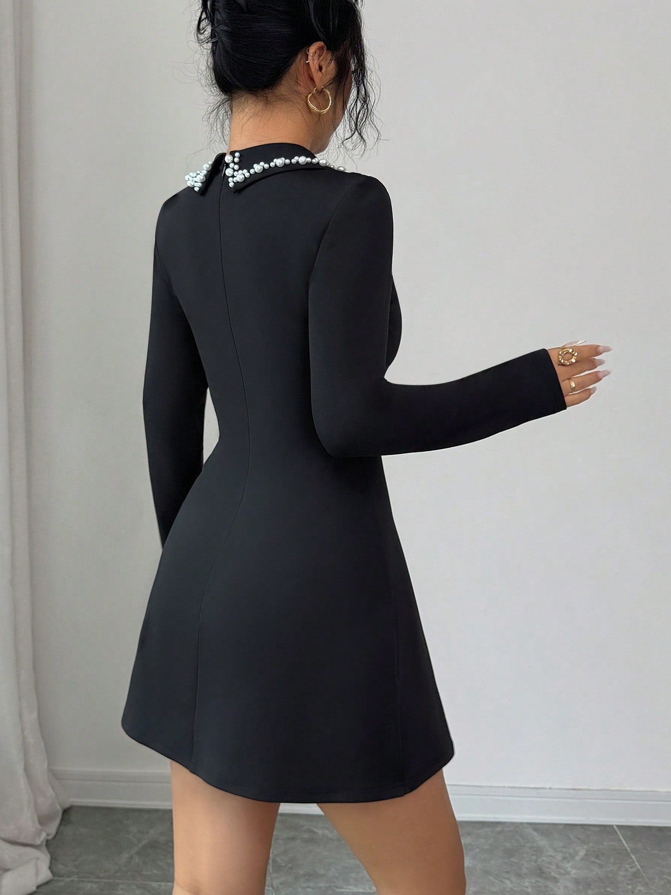 Women’s Woven Fabric A-Line Dress, Long Sleeve Small Collar Design, Decorative Accent Detail, Color Block Pattern, 1 Piece, For Daily and Work Wear