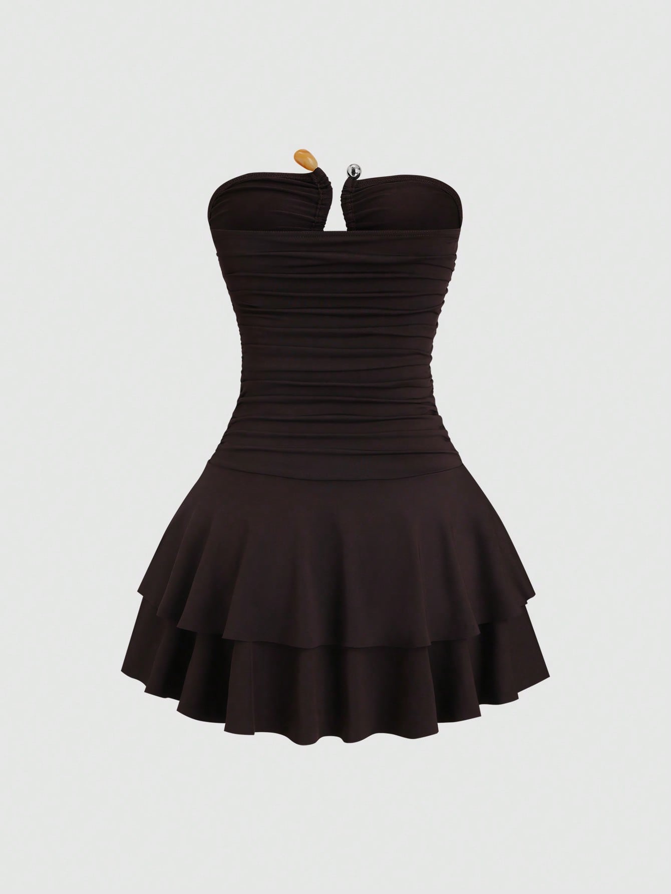 Solid Color Mini Dress Neutral Color Single Piece U Shape Neck Ruffle Detail Design For Daily Styling