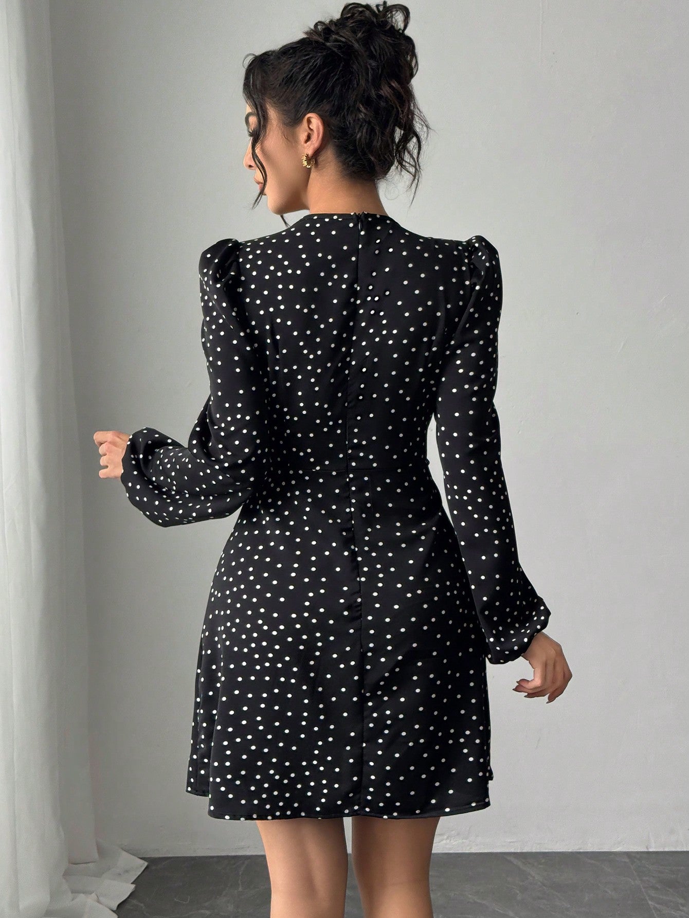 Women’s Woven Fabric Dress, Long Sleeve Design with Bow Detail, Polka Dot Pattern, 1 Piece, For Spring and Autumn Wear