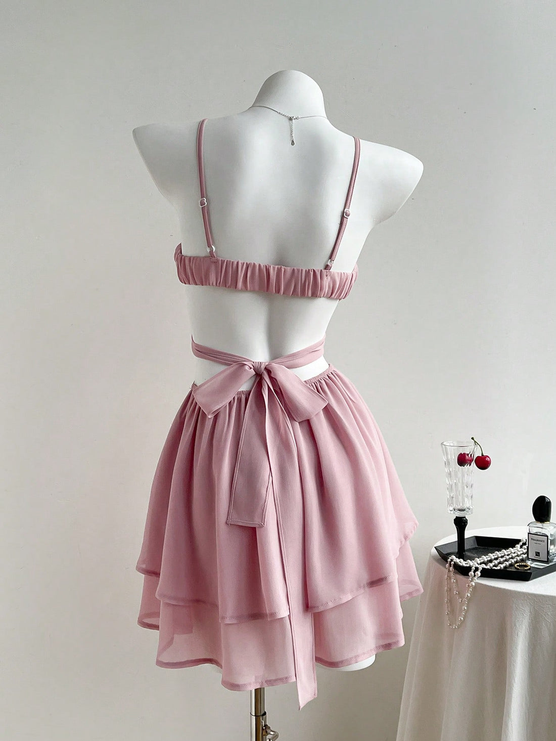 Solid Color Mini Dress Pink Color Single Piece Sleeveless Strap Design For Daily Styling