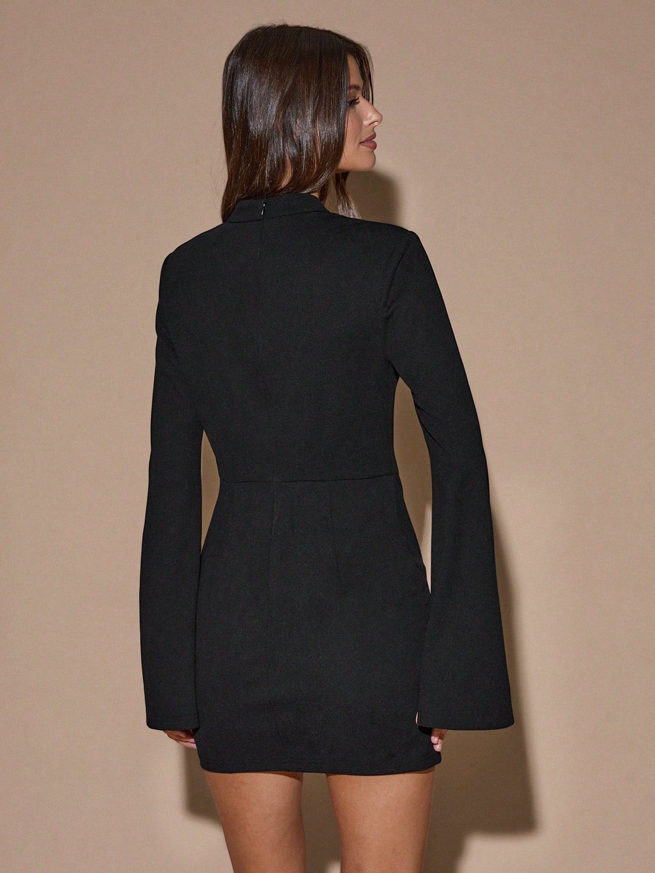 Women’s Woven Fabric Mini Dress, Long Sleeve Design, Tie Detail, Solid Pattern, 1 Piece, For Daily Wear