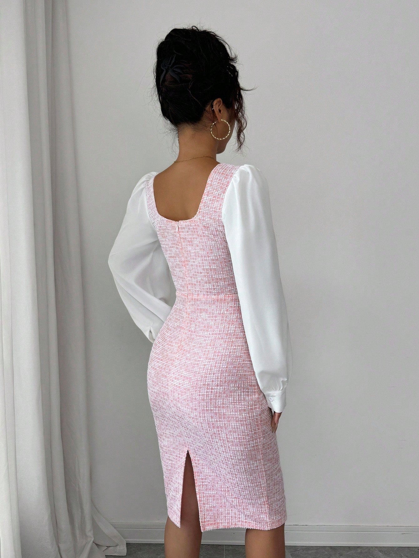 Pink Patchwork Long Sleeve Midi Dress with Clean Seam Design for Everyday Wear
