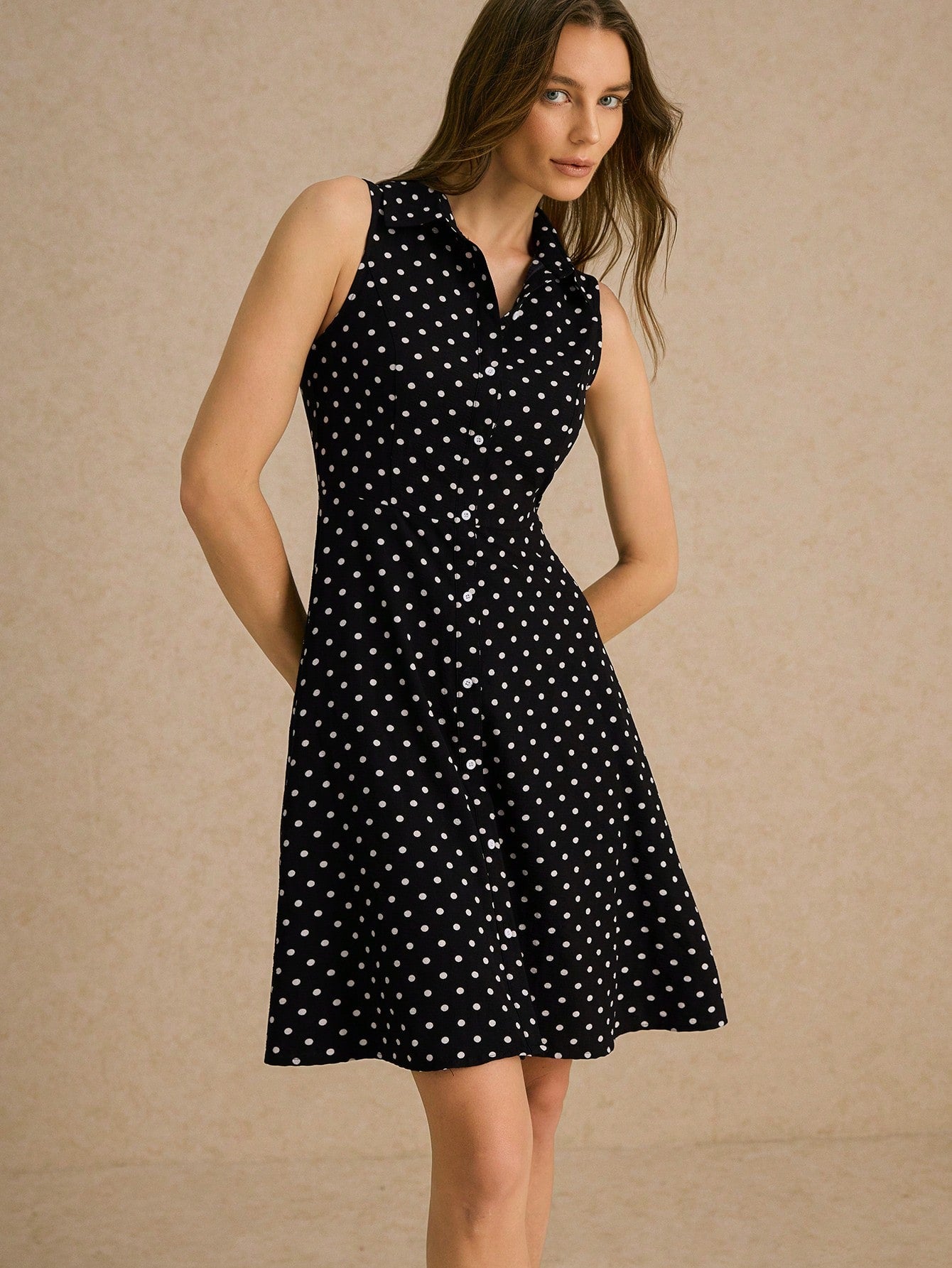 Women’s Woven Fabric Shirt-Style Mini Dress, Sleeveless Button Front Design, Polka Dot Pattern, 1 Piece, For Commuting and Daily Wear