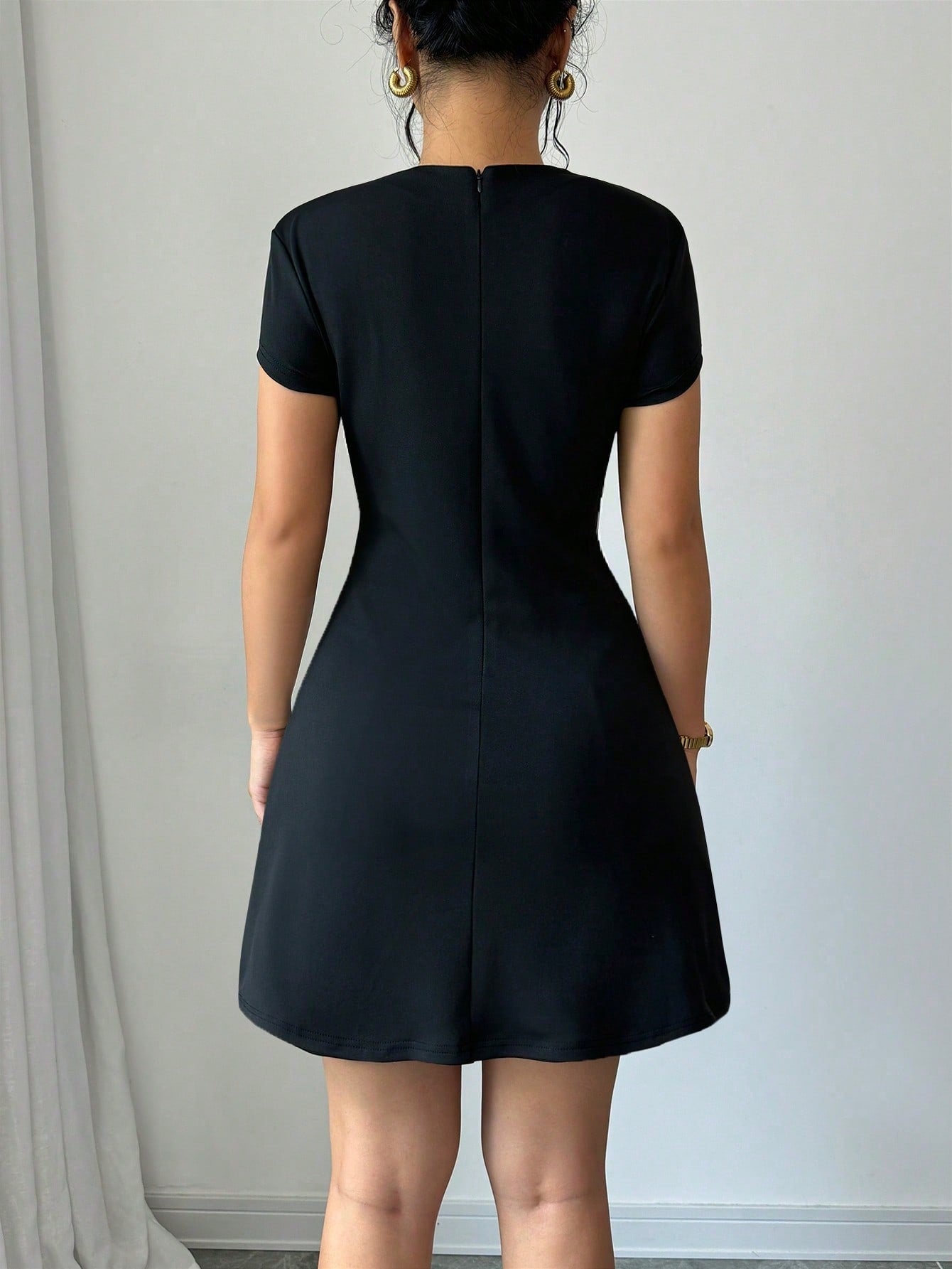 Black Stand Collar Dress with Cinched Waist Pocket Design Flap Detail and Back Zipper Short Length for Everyday Wear