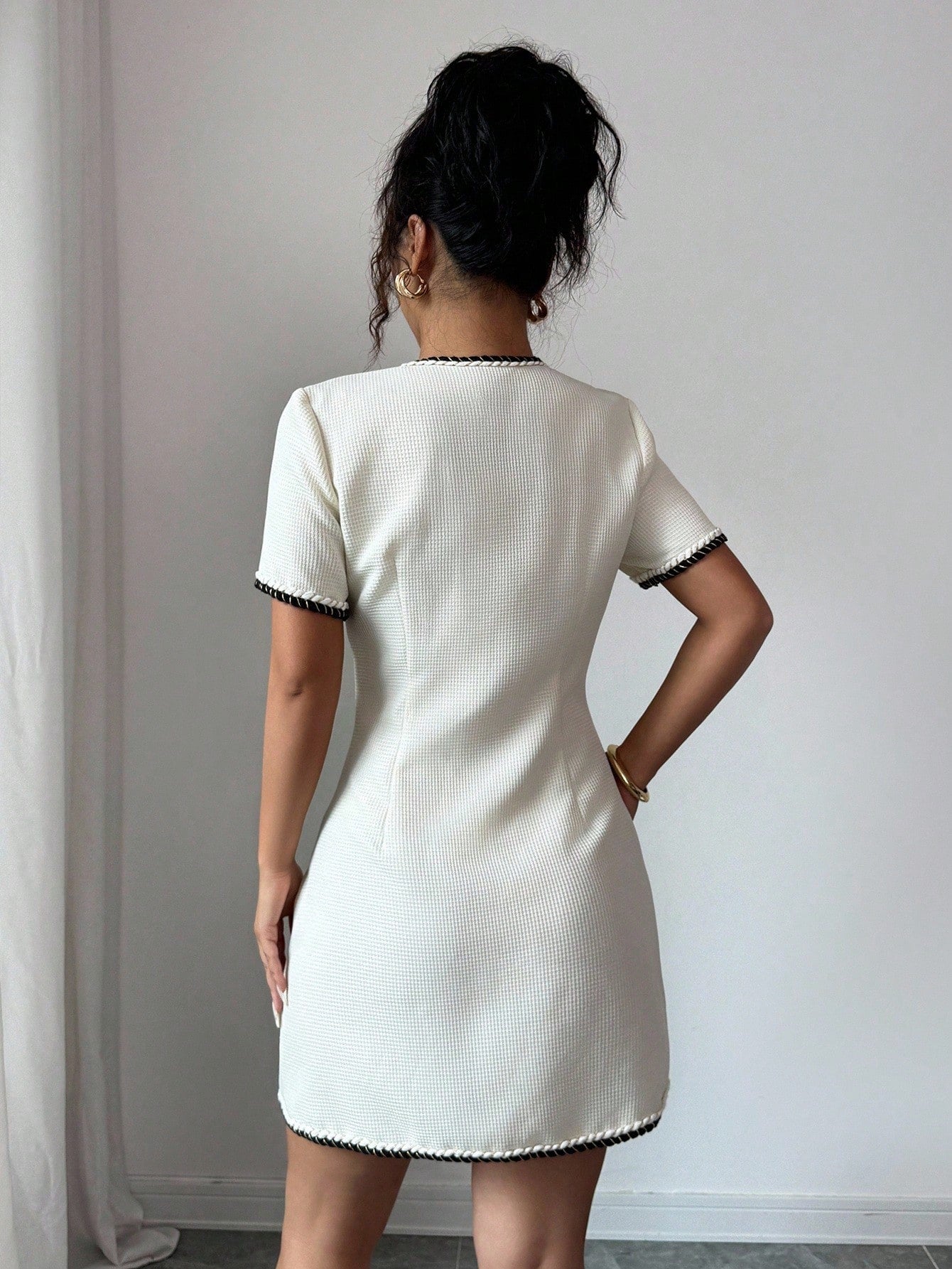 Women’s Woven Fabric Short Dress, Round Neck Design with Button Detail and Waist Trim, 1 Piece, For Spring and Summer Wear