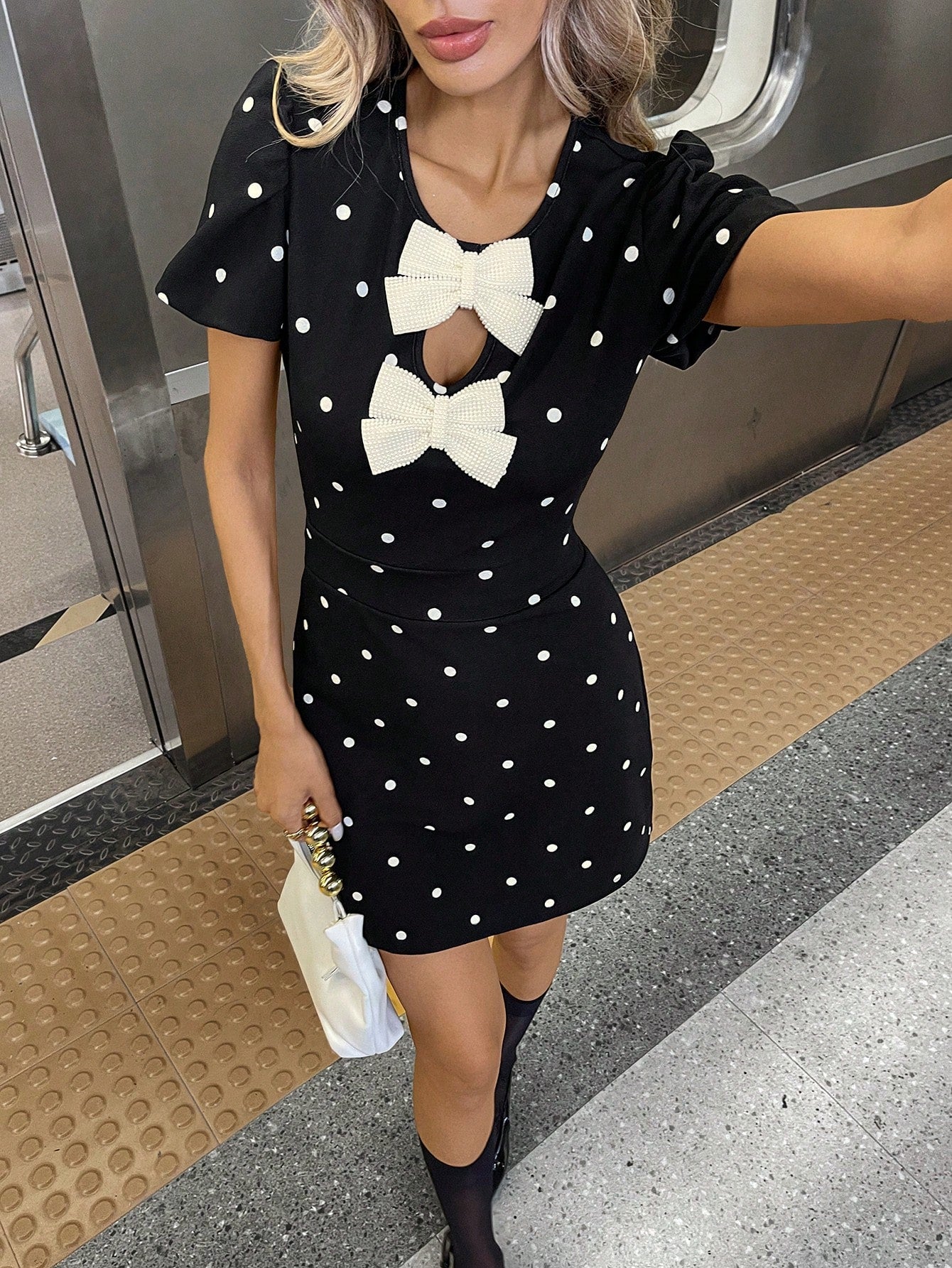 Women’s Woven Fabric Mini Dress, Polka Dot Print with Bow Detail, Short Puff Sleeve Design, Ruffle Hem, 1 Piece, For Daily Wear