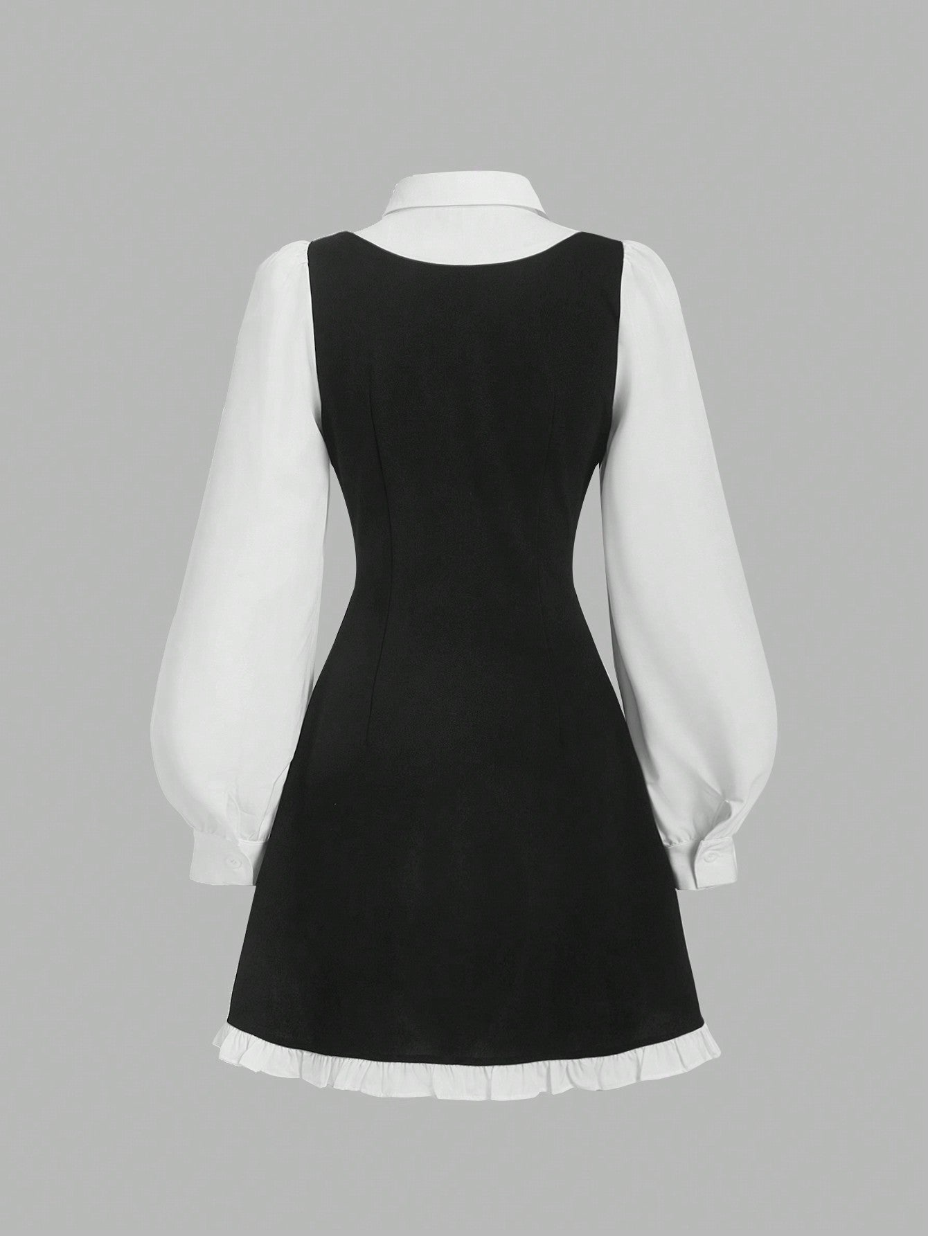 Women’s Woven Fabric A-Line Dress, Long Sleeve Collared Design, Color Block Detail with Tie Accent, 1 Piece, For Work and Daily Wear
