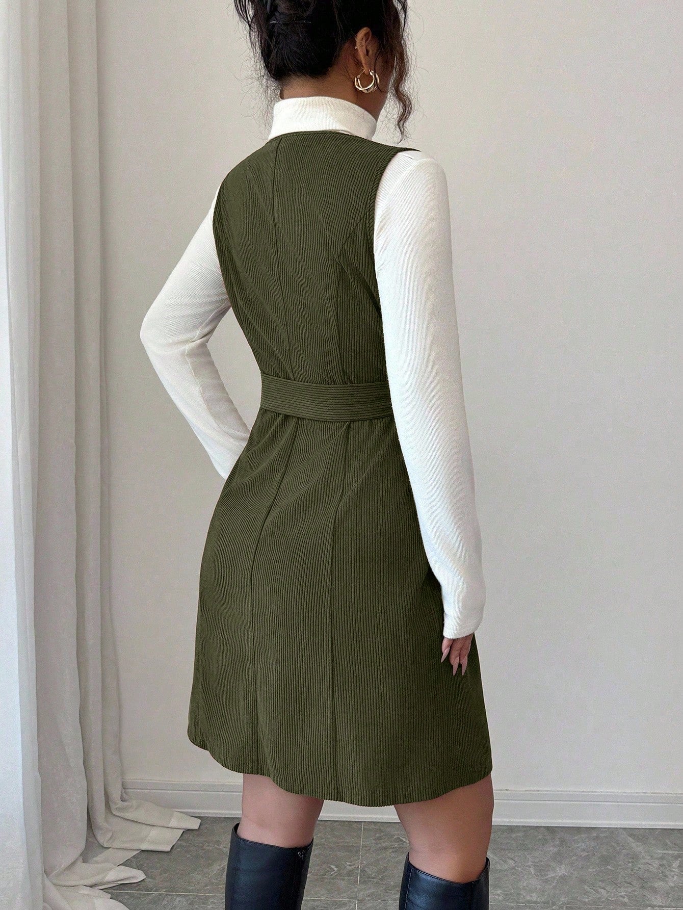 Women’s Textured Fabric Mini Dress, Sleeveless V-Neck Design with Button Detail, 1 Piece, For Daily Wear