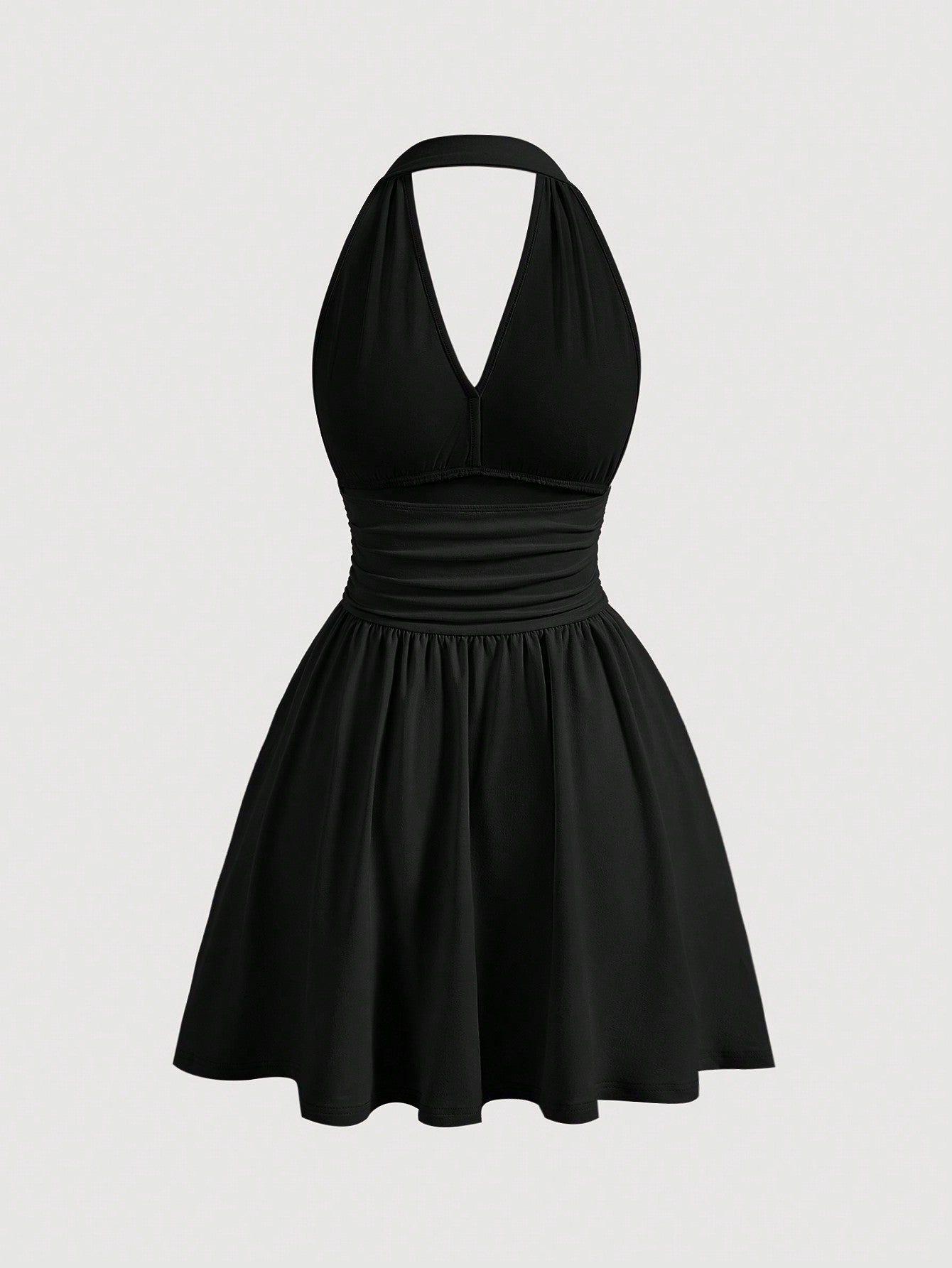 Solid Color Dress Neutral Color Single Piece Halter Top V Neck Design Waist Detail For Casual Wear