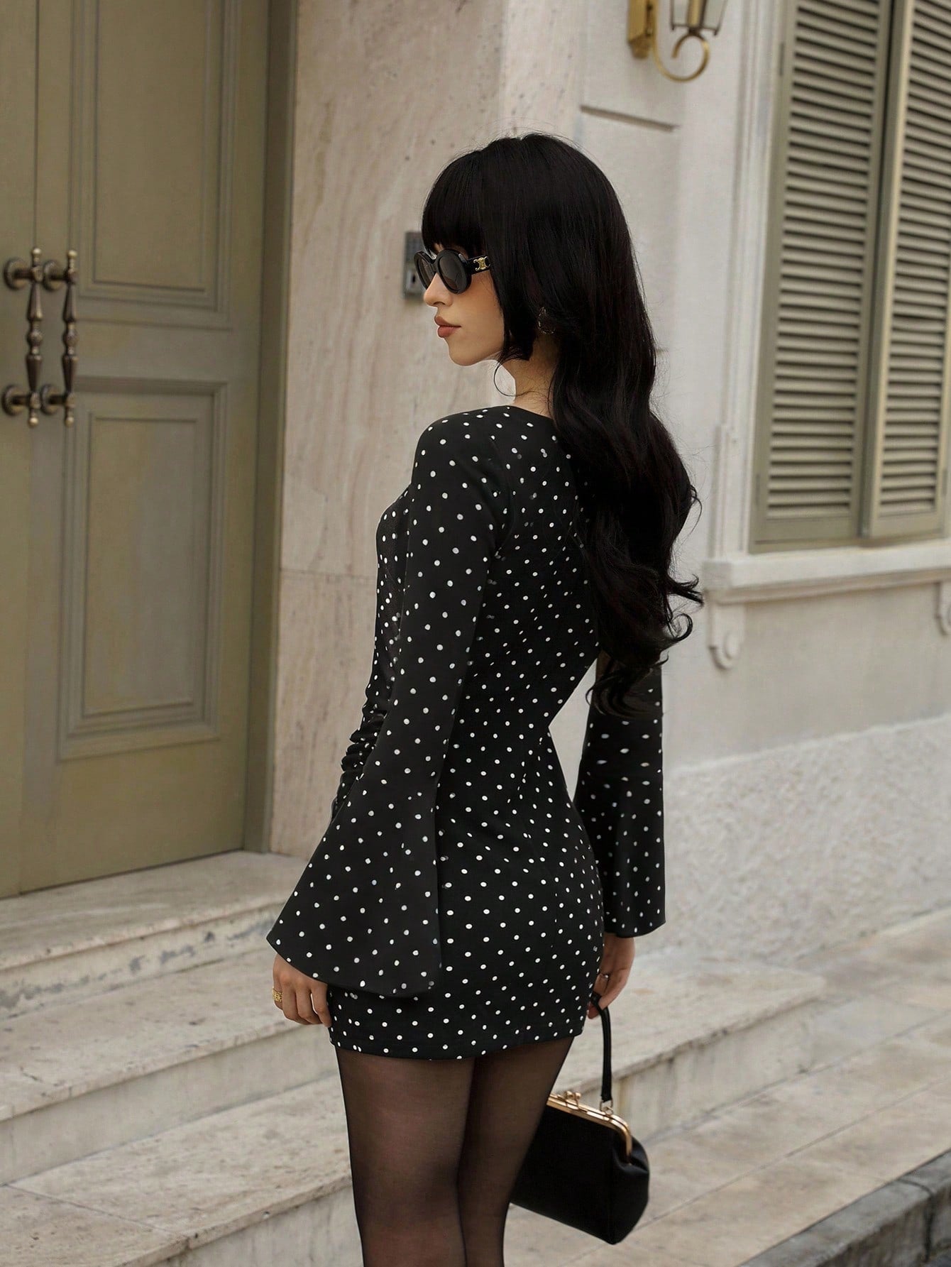 Polka Dot Pattern Mini Dress Black and White Color Single Piece Round Neck Flared Sleeve Design For Daily Styling