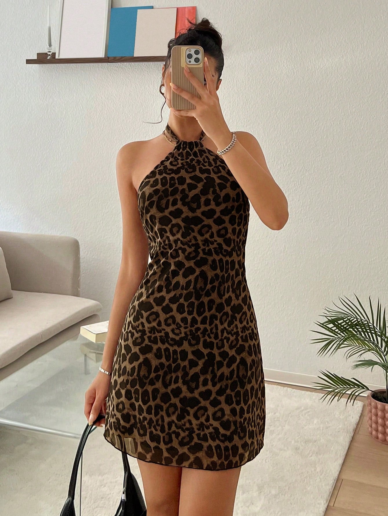 Leopard Pattern Mini Dress – Neutral Brown Color – Single Piece – Halter Neck A-Line Design – For Daily Styling