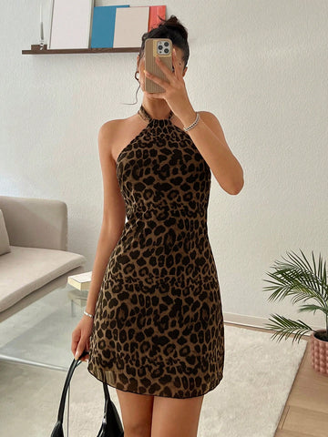 Leopard Pattern Mini Dress – Neutral Brown Color – Single Piece – Halter Neck A-Line Design – For Daily Styling