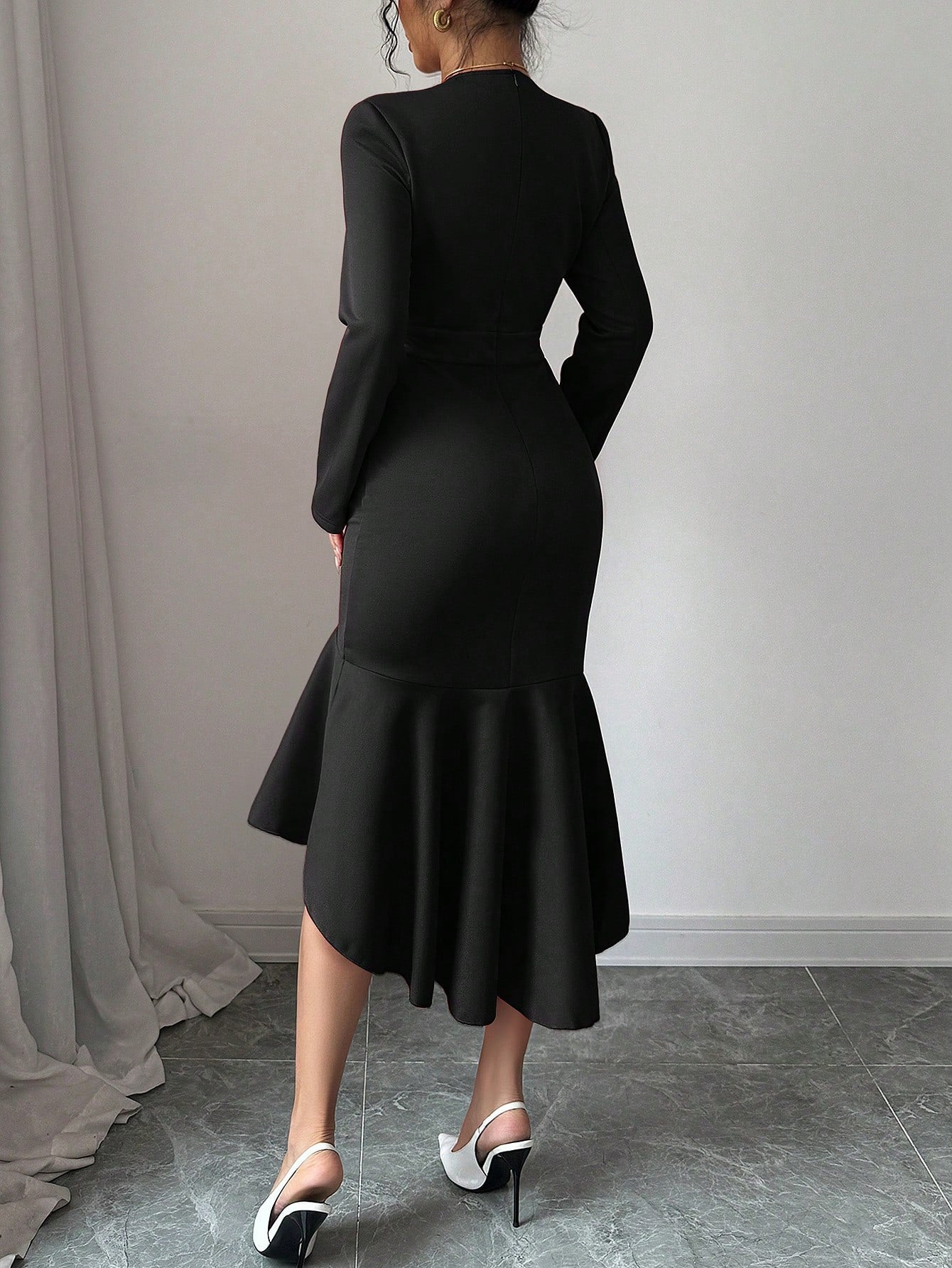 Women’s Woven Fabric Midi Dress, Long Sleeve Lapel Collar, Asymmetrical Hem Design, 1 Piece, For Everyday Wear