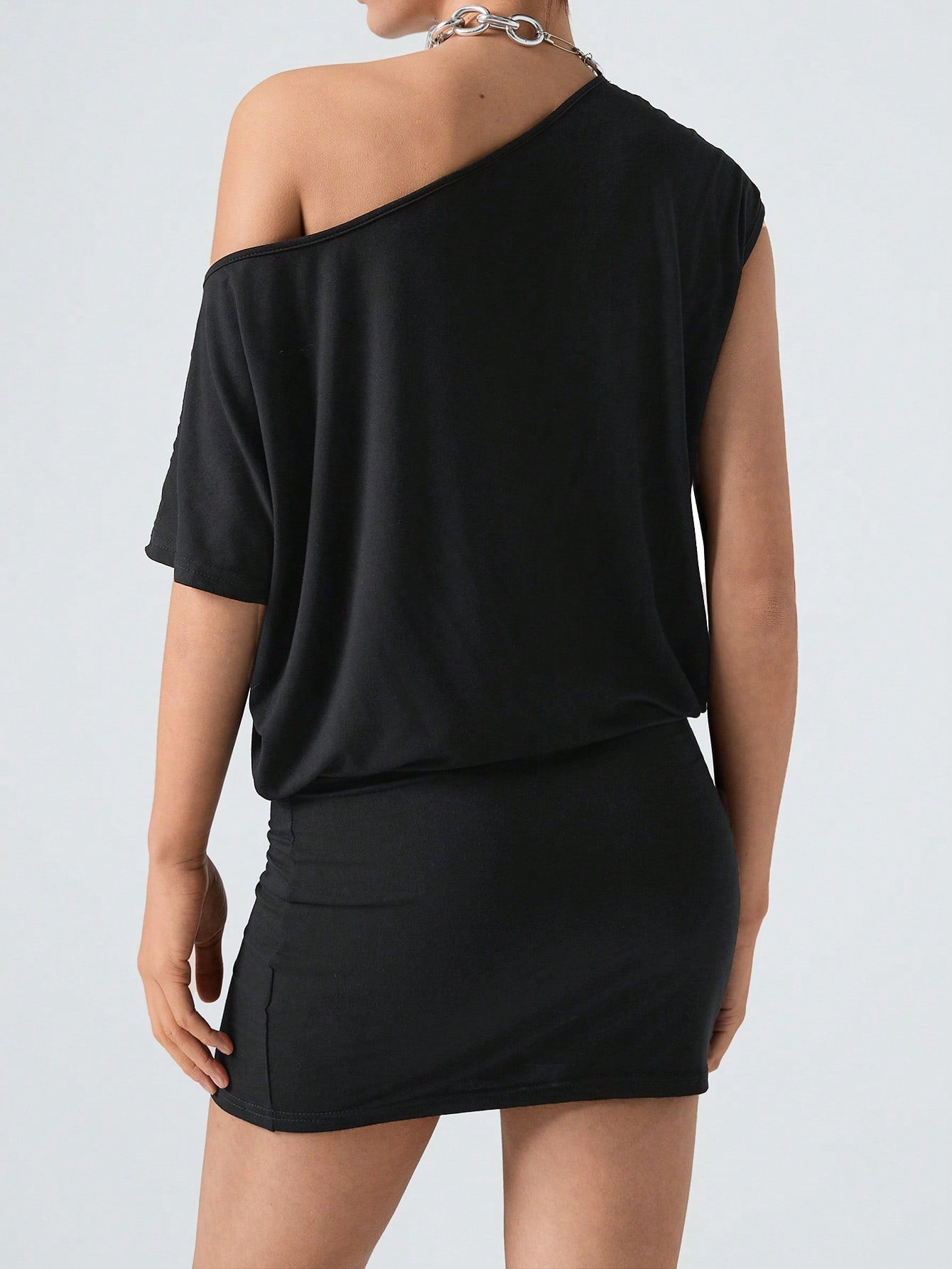 Solid Color T Shirt Dress Neutral Color Single Piece Short Sleeve Asymmetric Collar Design For Casual Wear