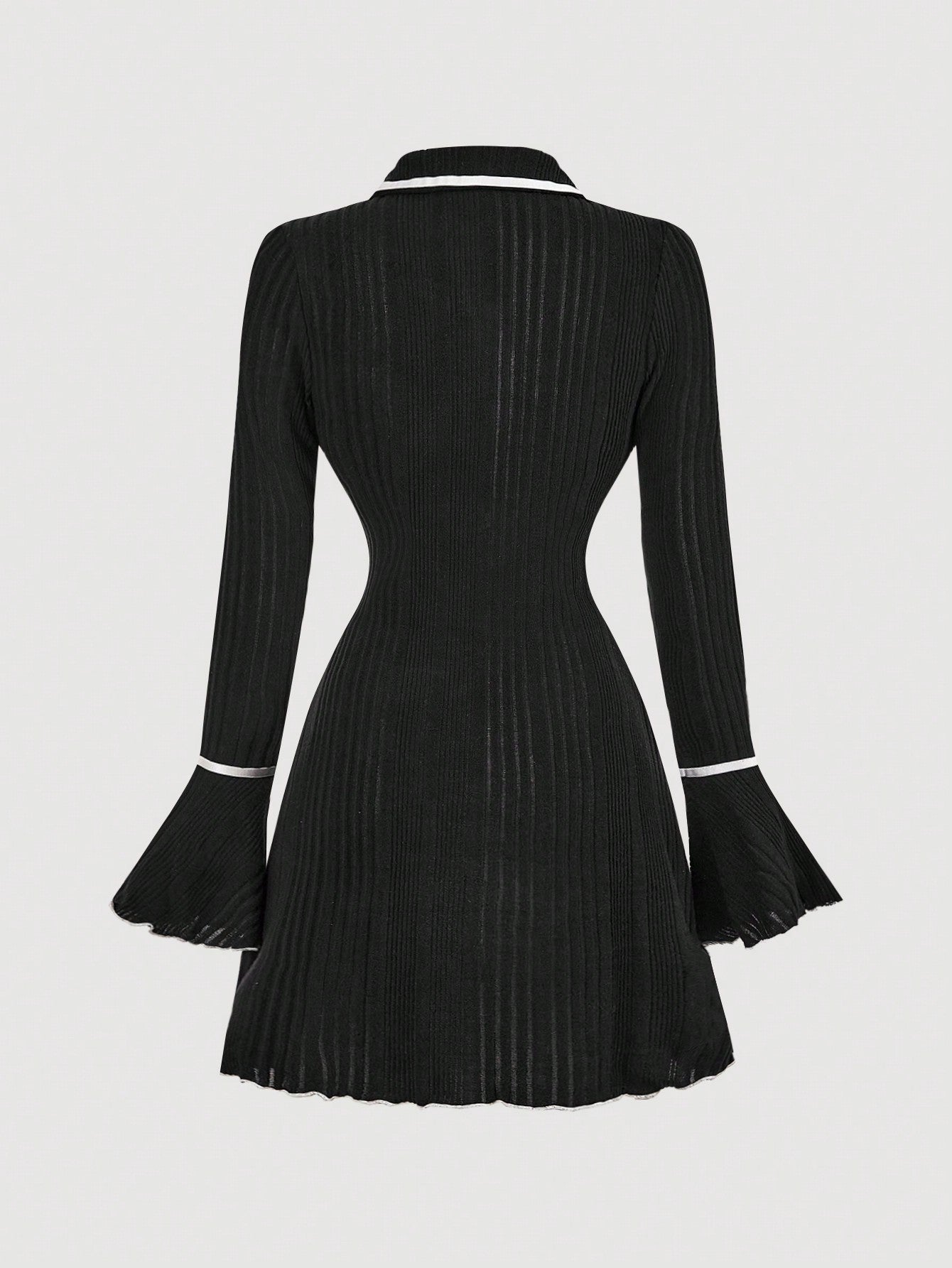 Women’s Woven Fabric Dress, Blouse Collar Design, Bell Sleeve Detail, 1 Piece, For Cooler Season Wear