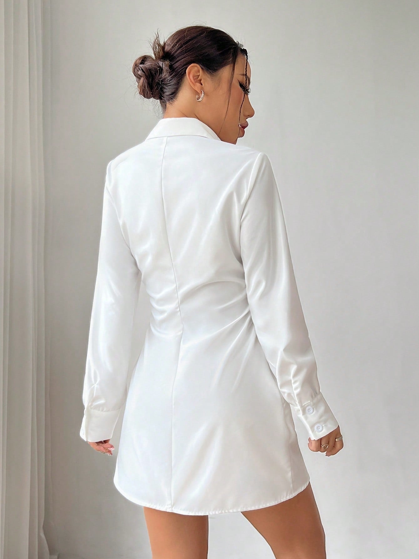 Women’s Woven Fabric Long Sleeve Dress, Shirt Collar Design, Solid Pattern, 1 Piece, For Daily and Work Wear