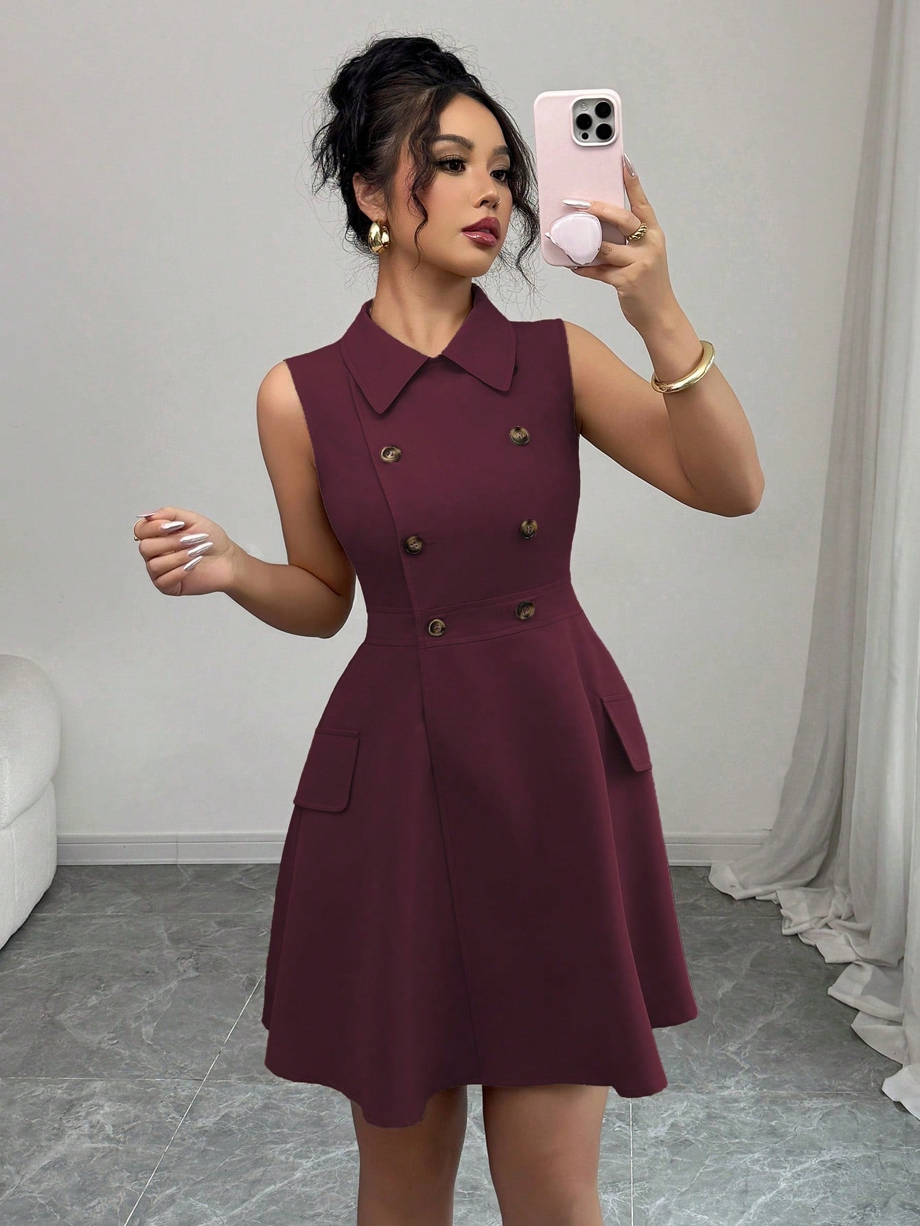 Women’s Woven Fabric A-Line Short Dress, Sleeveless Shirt Collar Design, Double Breasted Detail, 1 Piece, For Commuting and Daily Wear