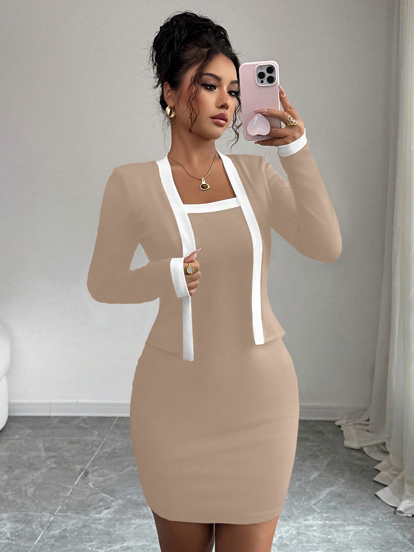 Women’s Woven Fabric Mini Dress, Long Sleeve Simple Design, 2 In 1 Style, 1 Piece, For Everyday Wear