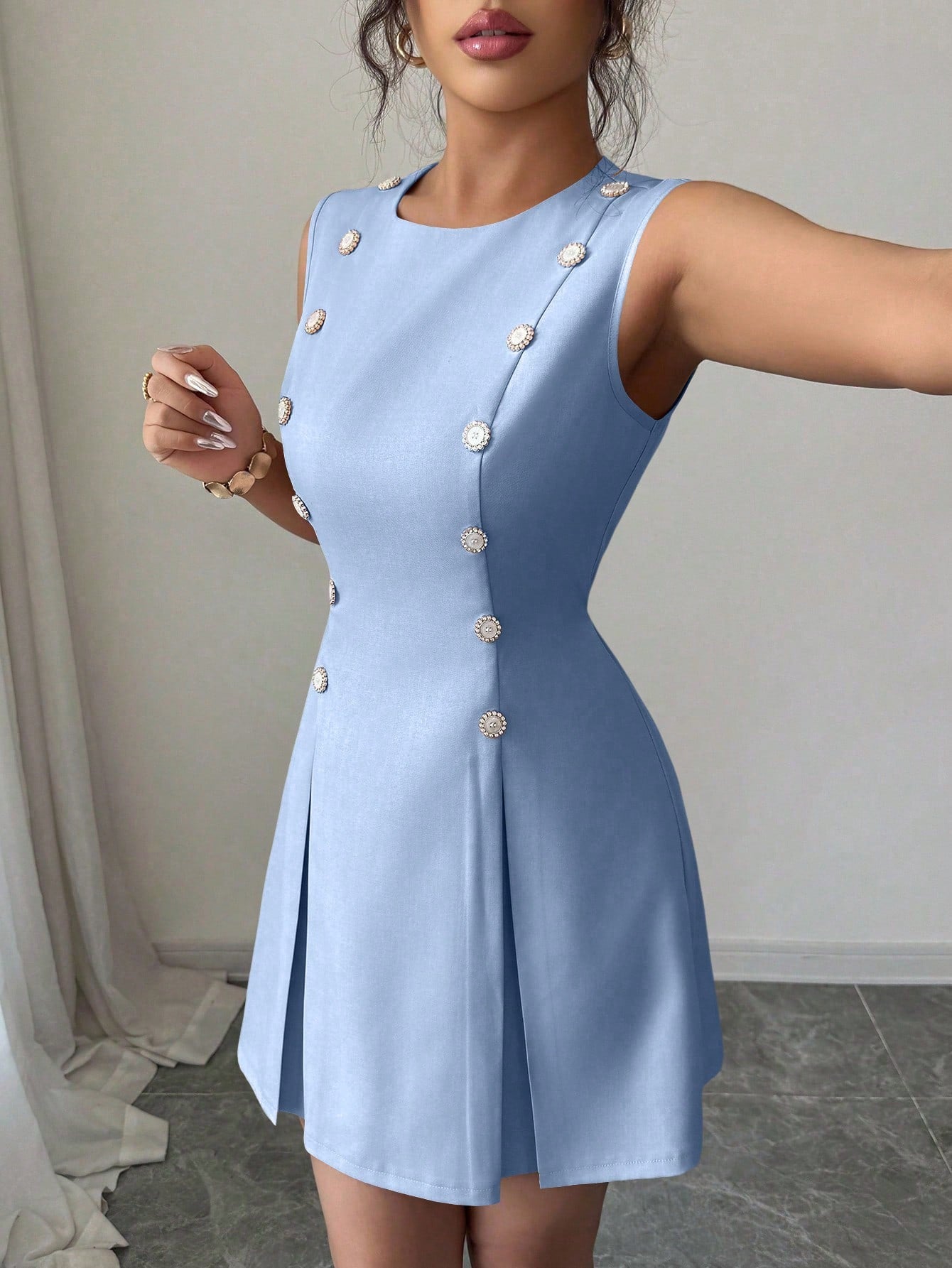 Women’s Woven Fabric Mini Skirt, Button Front Design, Tie Waist Detail, Decorative Buckle Accent, 1 Piece, For Daily Wear