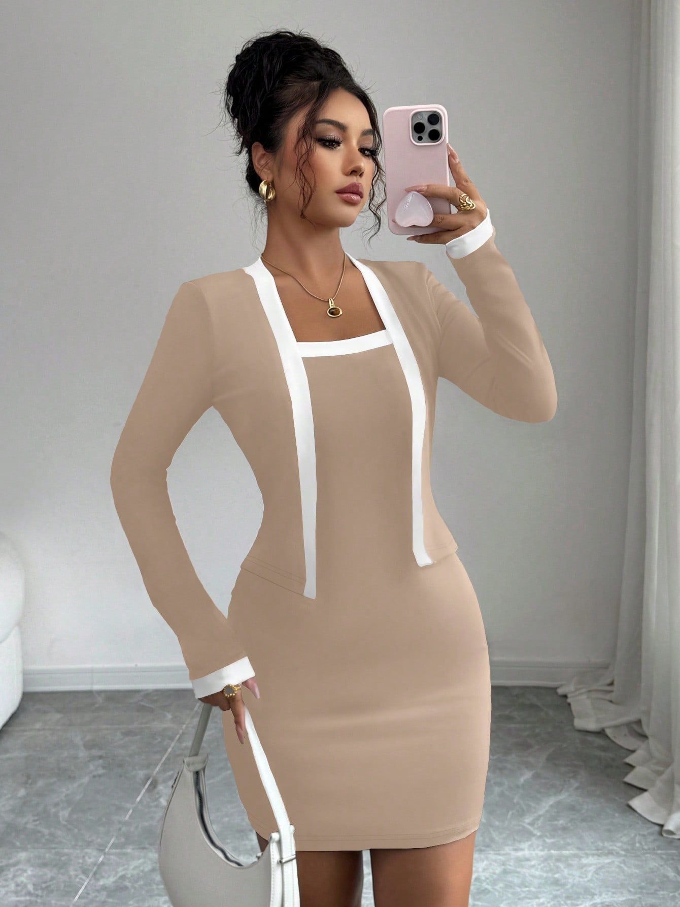 Women’s Woven Fabric Mini Dress, Long Sleeve Simple Design, 2 In 1 Style, 1 Piece, For Everyday Wear