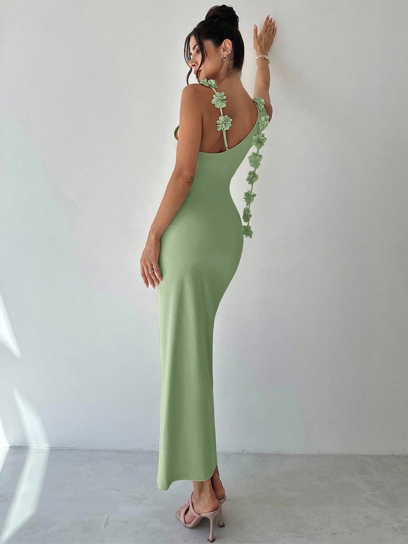 Apricot Asymmetric Shoulder Sleeveless Floral Tie-Back Dress for Summer Parties, Weddings, and Graduations