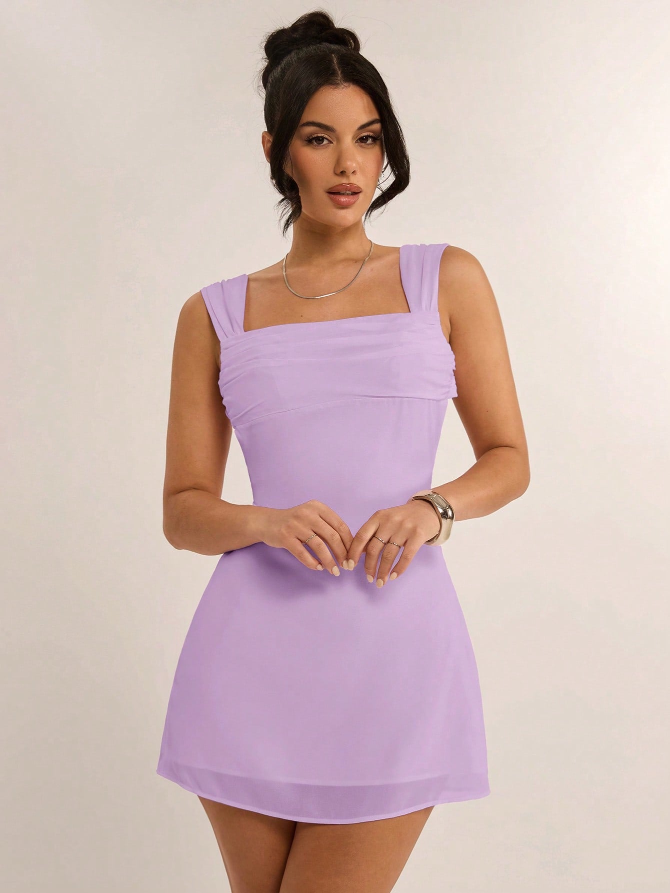 Light Pink Square Neck Cross Strap Mini Dress for Daily and Casual Occasions