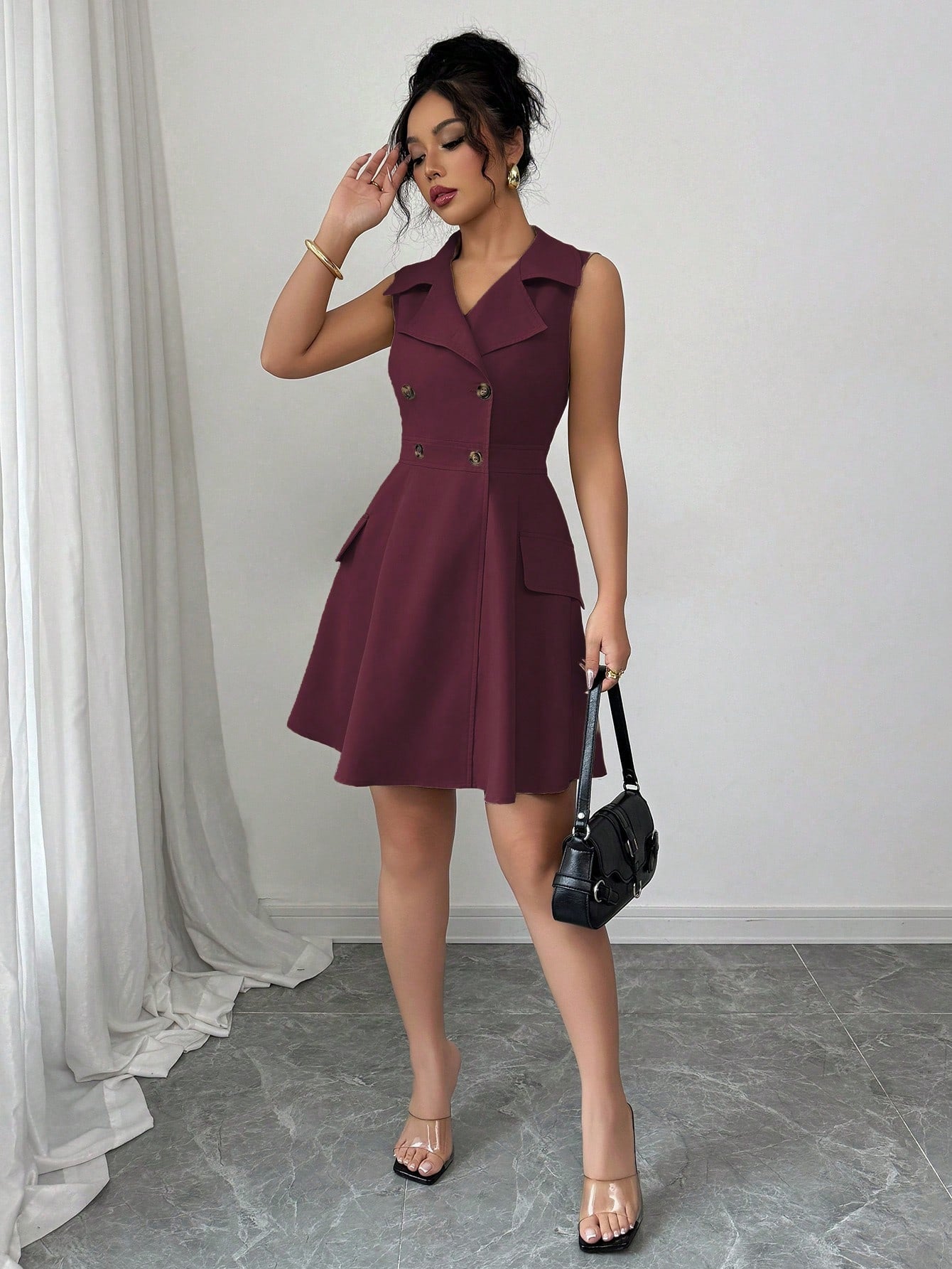 Women’s Woven Fabric A-Line Short Dress, Sleeveless Shirt Collar Design, Double Breasted Detail, 1 Piece, For Commuting and Daily Wear