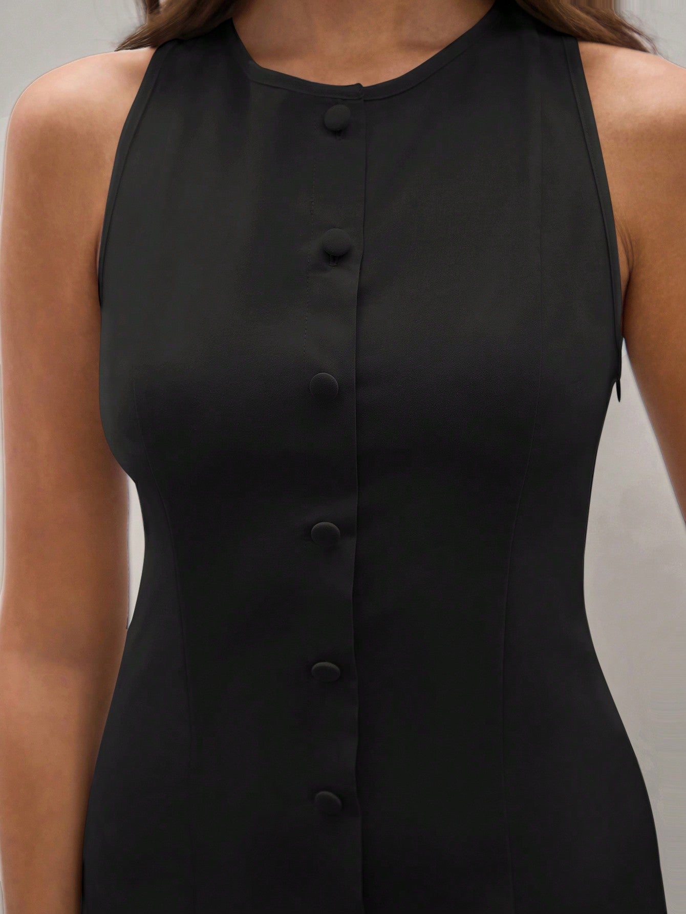Women’s Woven Fabric Sleeveless Mini Dress, Round Neck Button Front Design, Solid Pattern, 1 Piece, For Summer Wear
