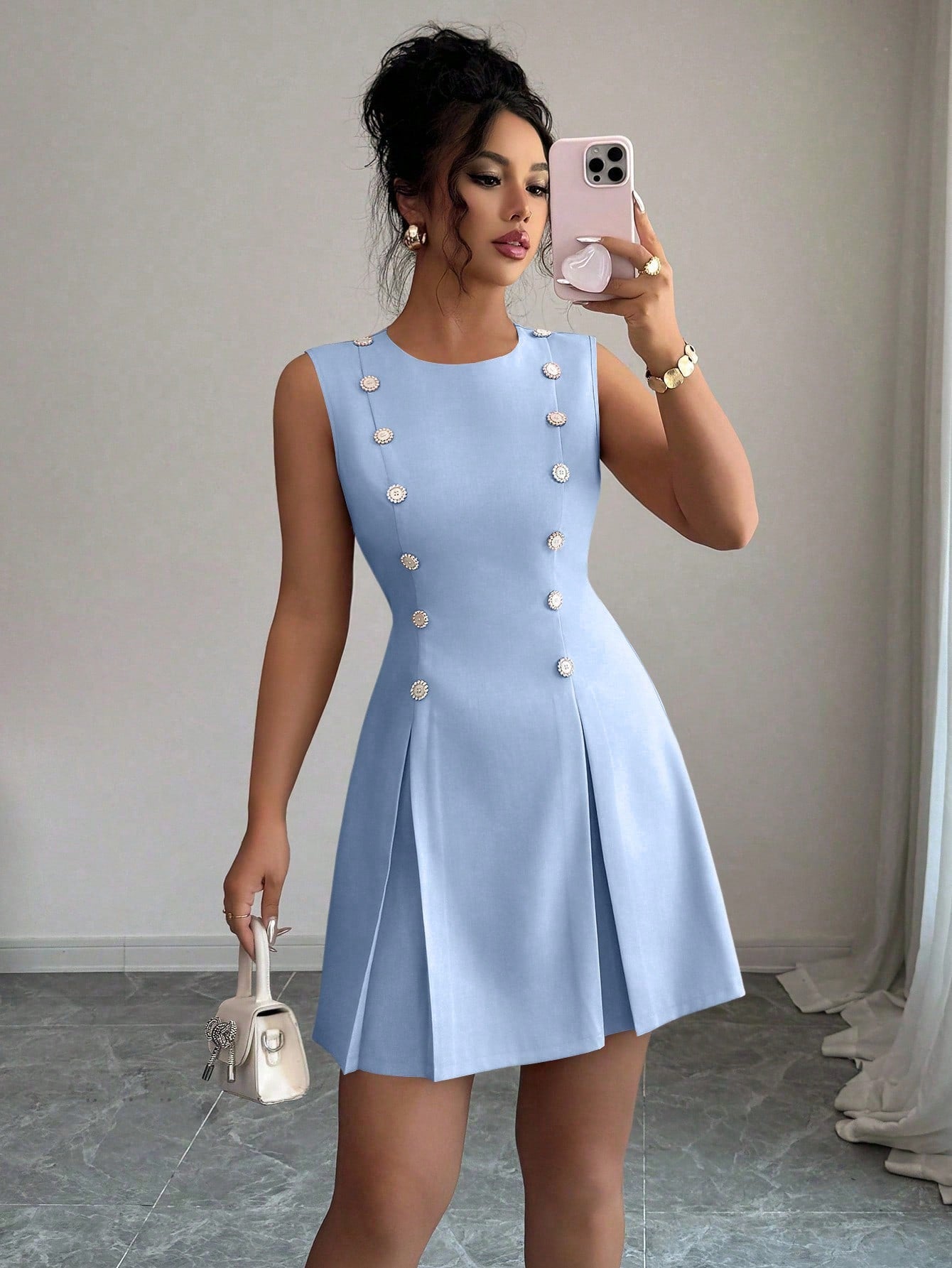 Women’s Woven Fabric Mini Skirt, Button Front Design, Tie Waist Detail, Decorative Buckle Accent, 1 Piece, For Daily Wear