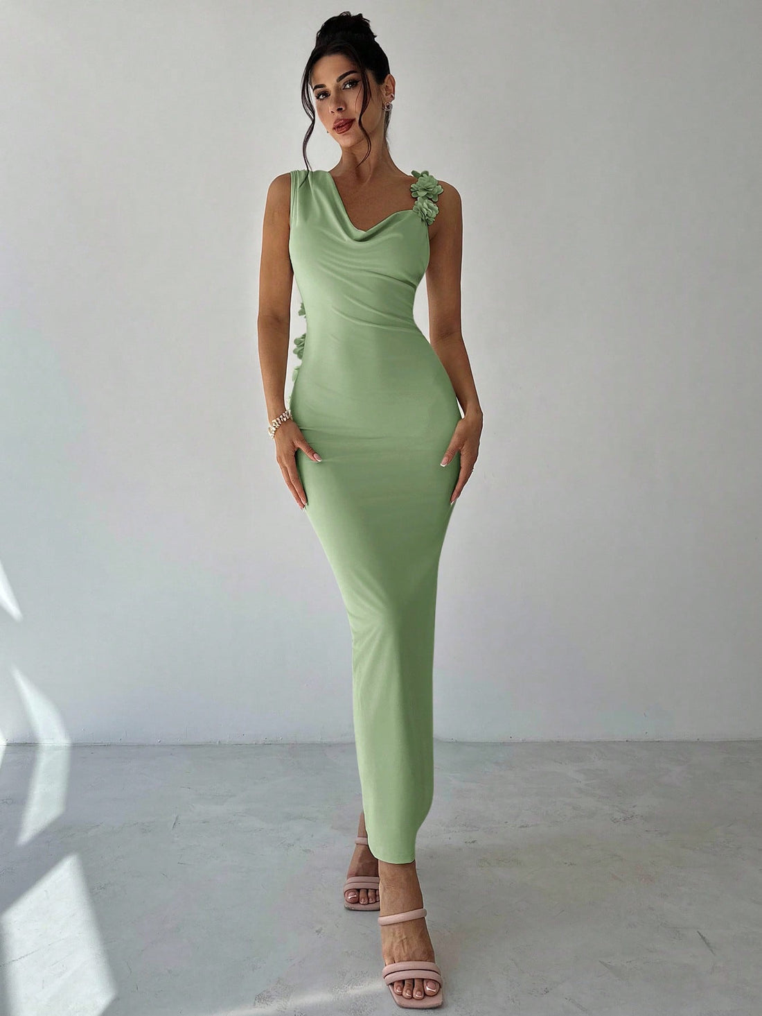 Apricot Asymmetric Shoulder Sleeveless Floral Tie-Back Dress for Summer Parties, Weddings, and Graduations