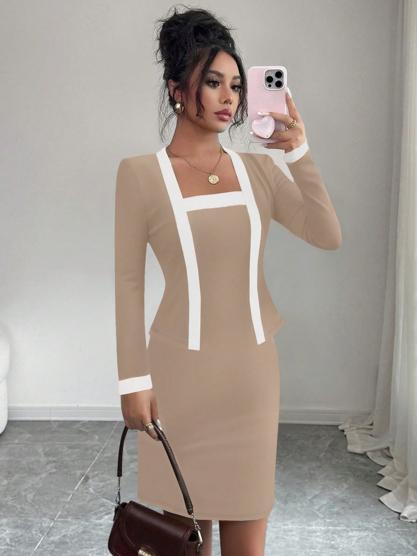 Women’s Woven Fabric Mini Dress, Long Sleeve Simple Design, 2 In 1 Style, 1 Piece, For Everyday Wear