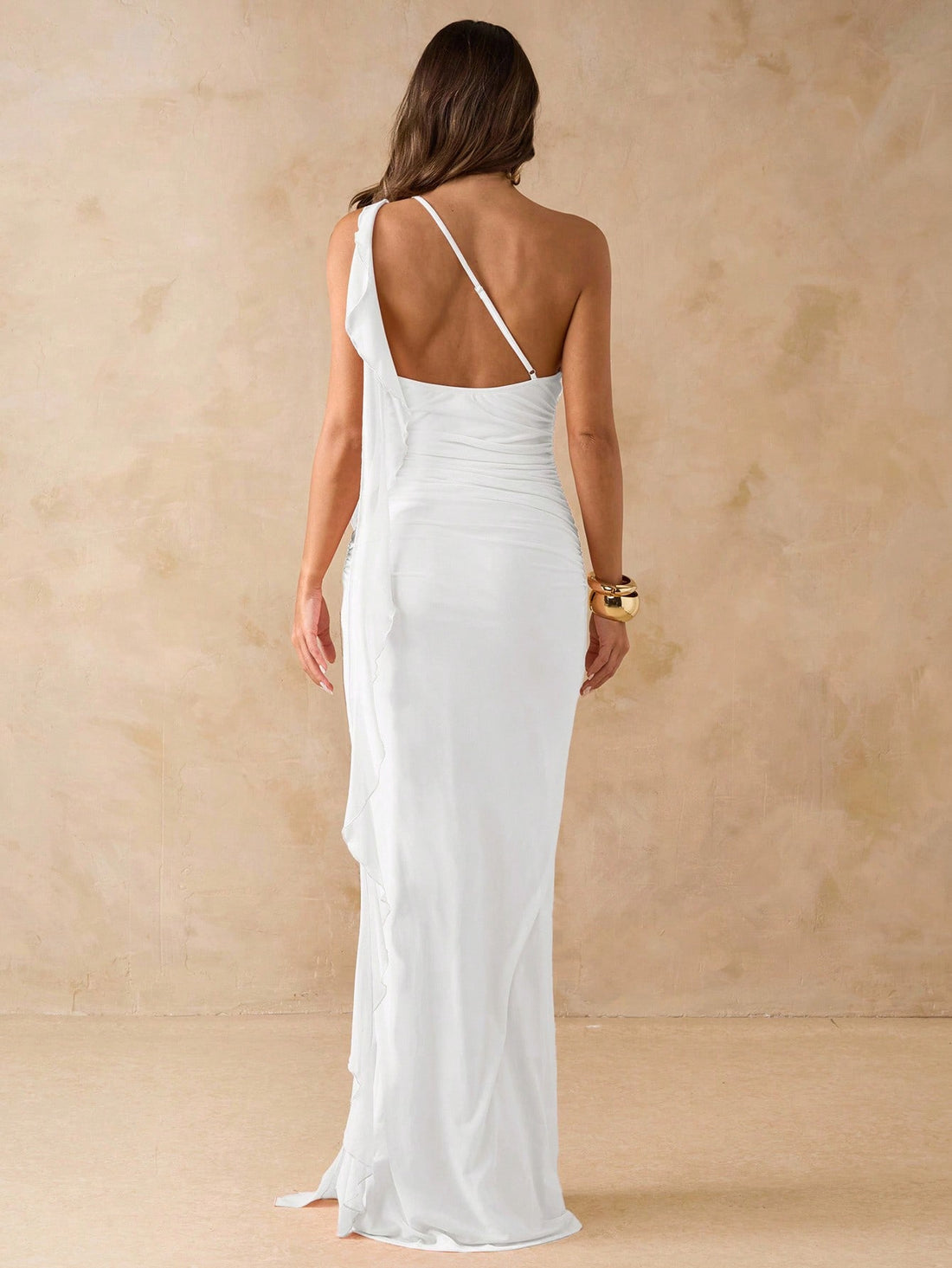 Asymmetrical Neck Ruched Open Back Maxi Mesh Dress with Ruffled Edge for Vacation and Wedding Guest Occasions