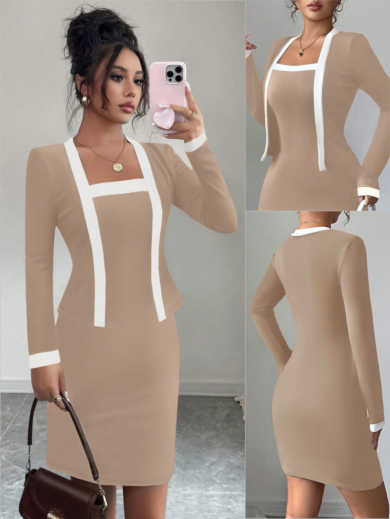 Women’s Woven Fabric Mini Dress, Long Sleeve Simple Design, 2 In 1 Style, 1 Piece, For Everyday Wear