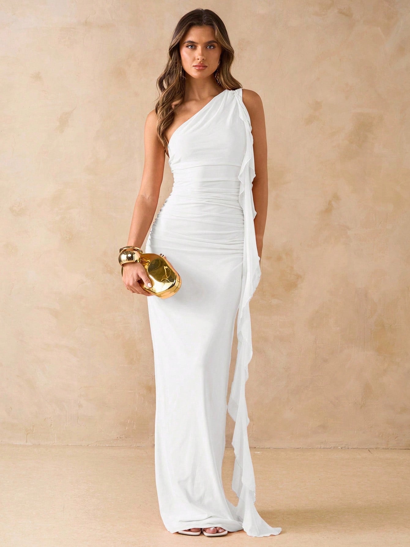 Asymmetrical Neck Ruched Open Back Maxi Mesh Dress with Ruffled Edge for Vacation and Wedding Guest Occasions