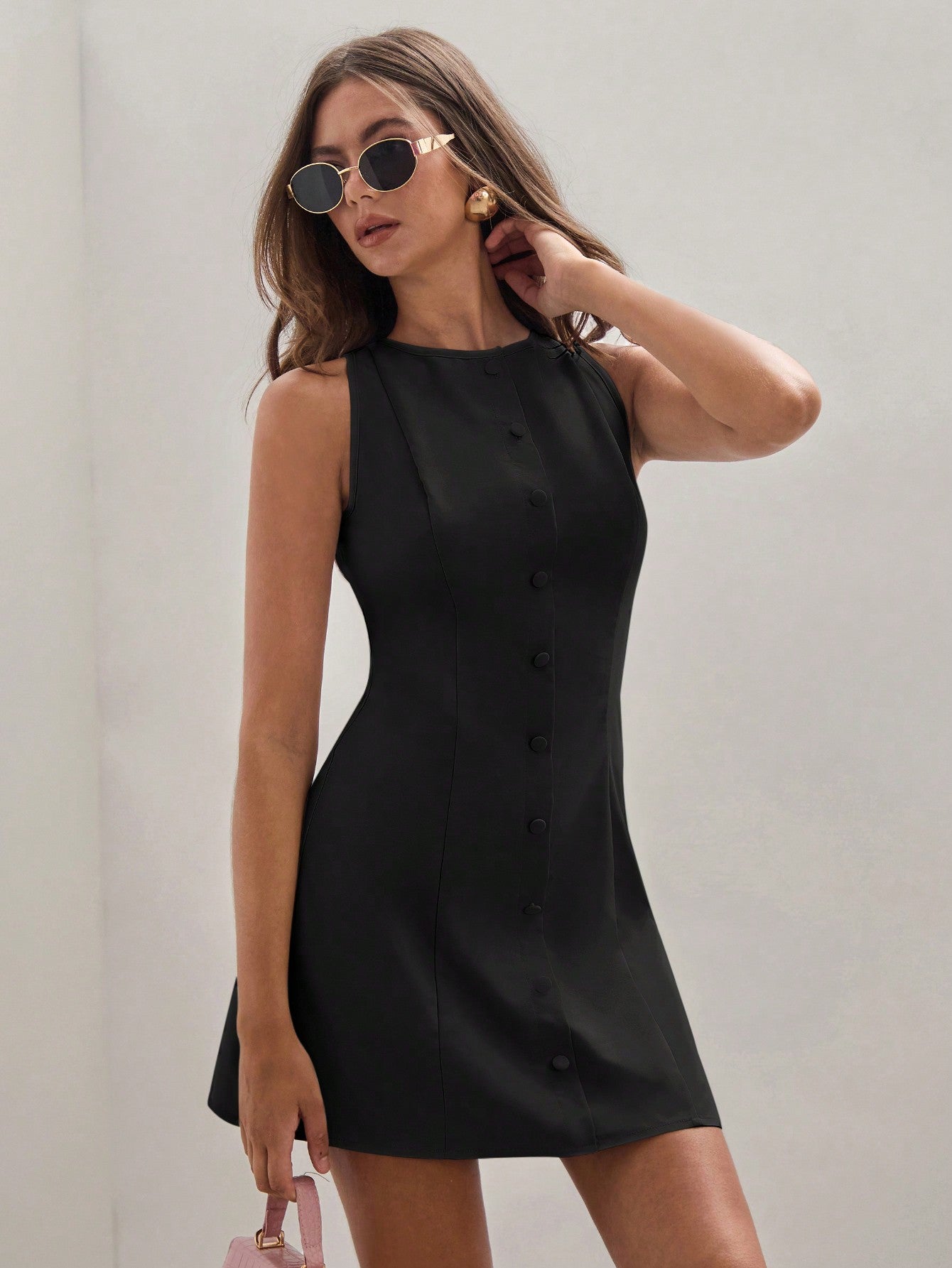 Women’s Woven Fabric Sleeveless Mini Dress, Round Neck Button Front Design, Solid Pattern, 1 Piece, For Summer Wear