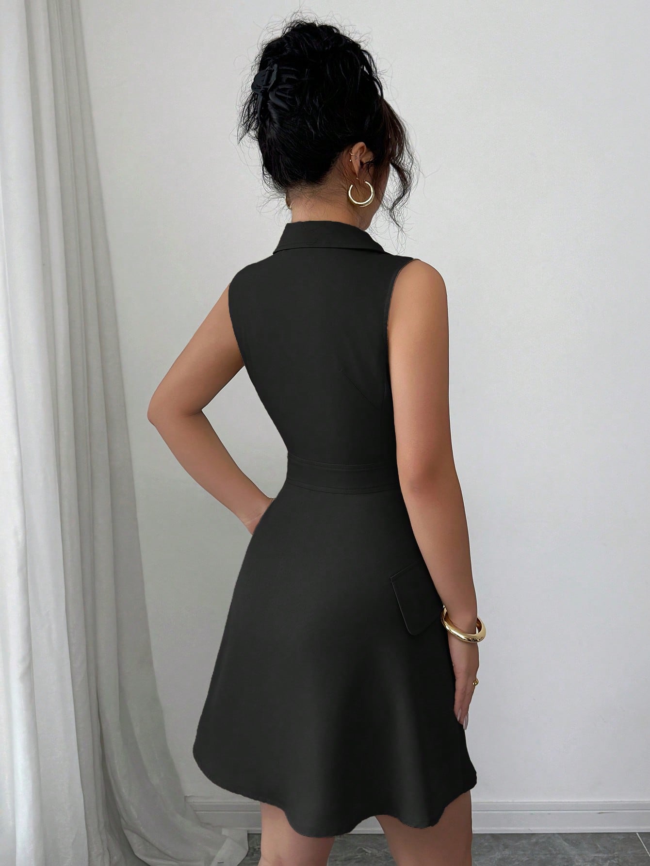 Women’s Woven Fabric A-Line Short Dress, Sleeveless Shirt Collar Design, Double Breasted Detail, 1 Piece, For Commuting and Daily Wear