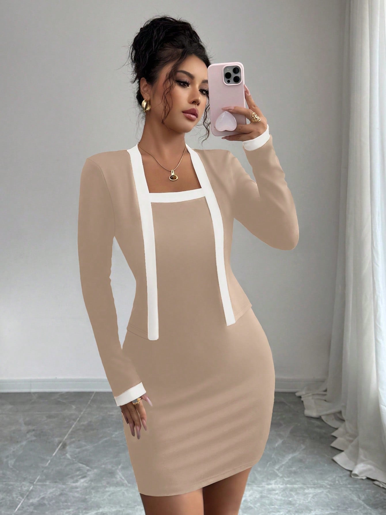 Women’s Woven Fabric Mini Dress, Long Sleeve Simple Design, 2 In 1 Style, 1 Piece, For Everyday Wear