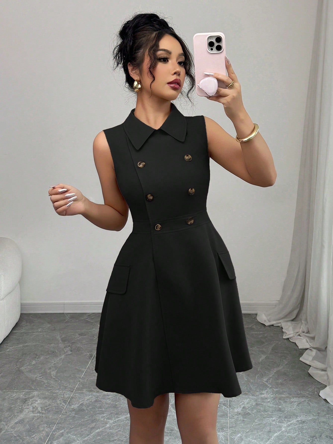 Women’s Woven Fabric A-Line Short Dress, Sleeveless Shirt Collar Design, Double Breasted Detail, 1 Piece, For Commuting and Daily Wear