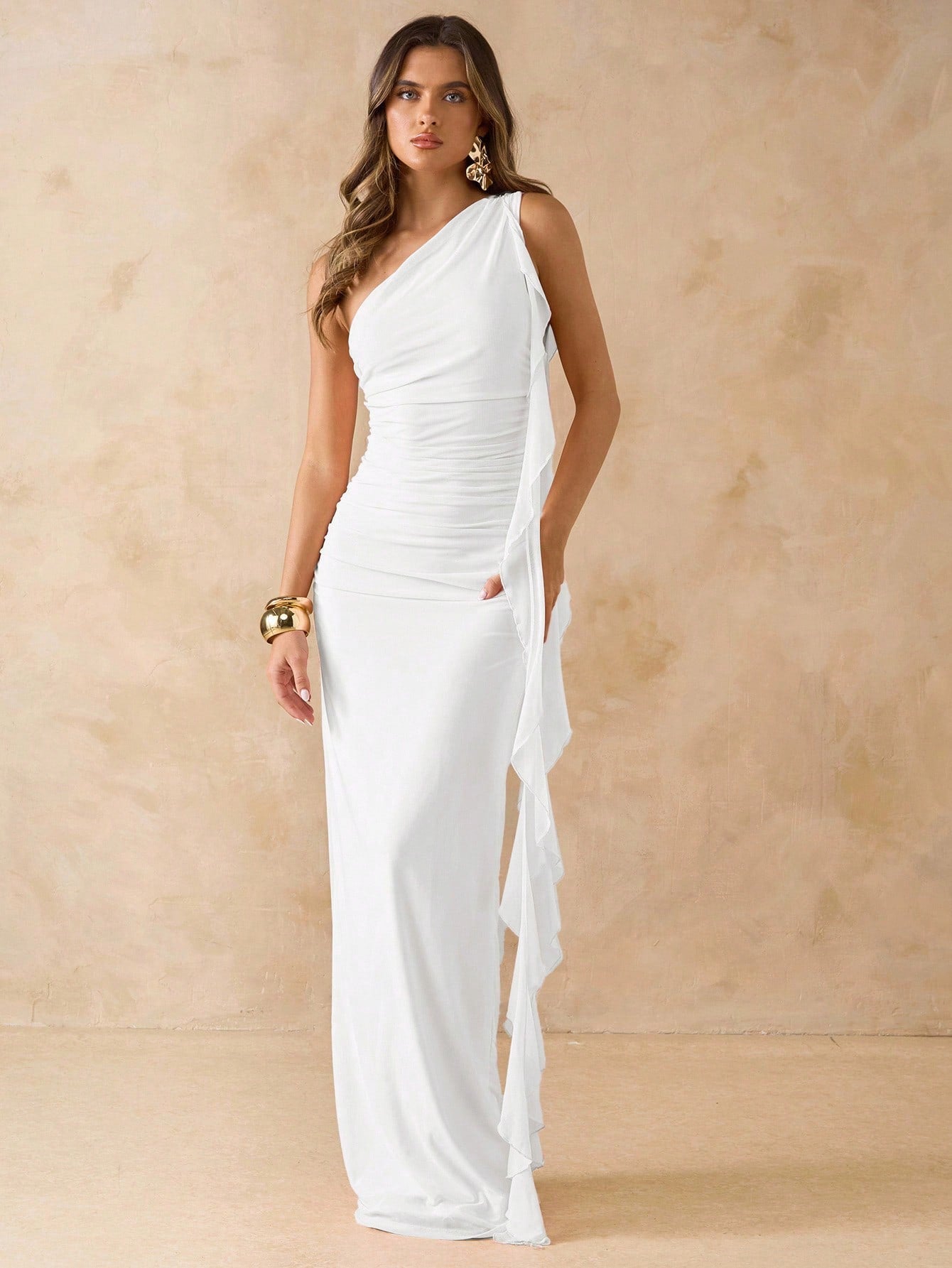 Asymmetrical Neck Ruched Open Back Maxi Mesh Dress with Ruffled Edge for Vacation and Wedding Guest Occasions