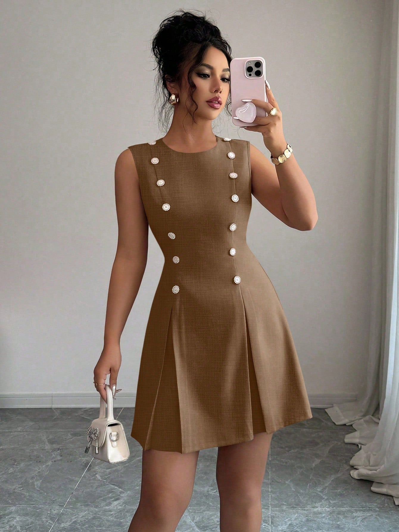 Women’s Woven Fabric Mini Skirt, Button Front Design, Tie Waist Detail, Decorative Buckle Accent, 1 Piece, For Daily Wear