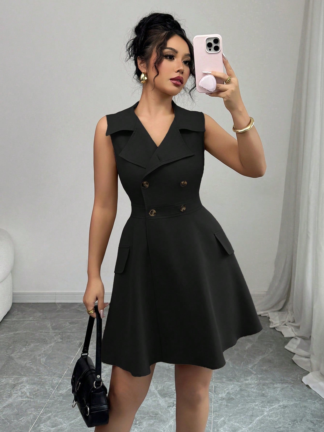 Women’s Woven Fabric A-Line Short Dress, Sleeveless Shirt Collar Design, Double Breasted Detail, 1 Piece, For Commuting and Daily Wear