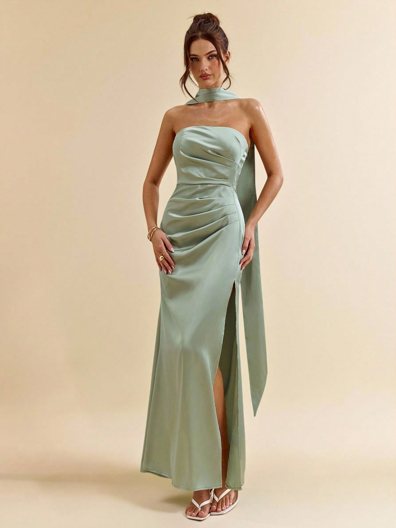 Green Halter Ribbon Backless High Slit Satin Mermaid Dress for Weddings and Special Events
