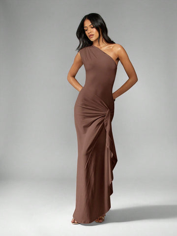 One-Shoulder Draped Evening Gown with Ruched Side Split for Formal Events and Parties