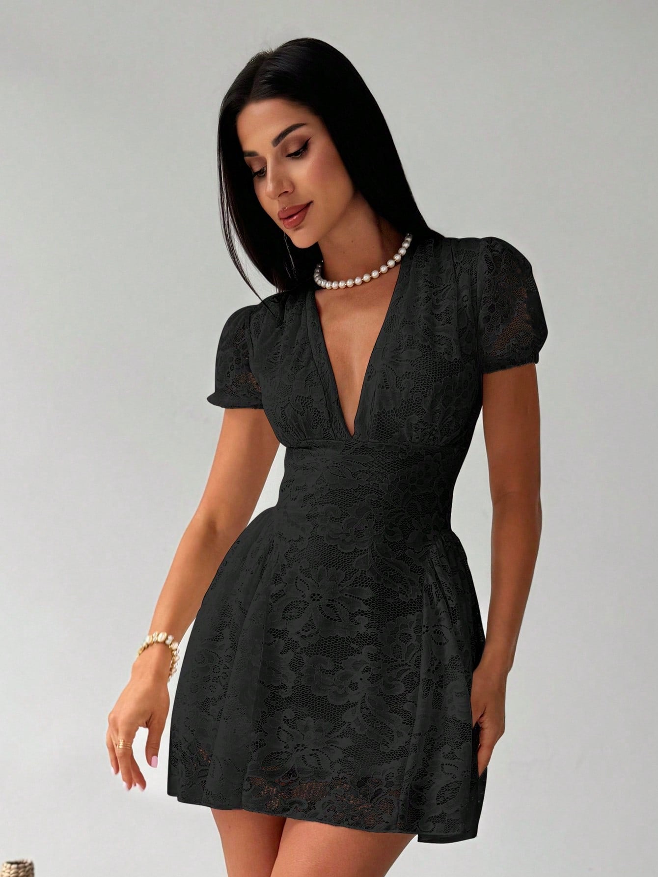 Women’s Woven Fabric Mini Dress, V-Neck Design with Puff Sleeve and Lace Detail, 1 Piece, For Spring and Summer Wear