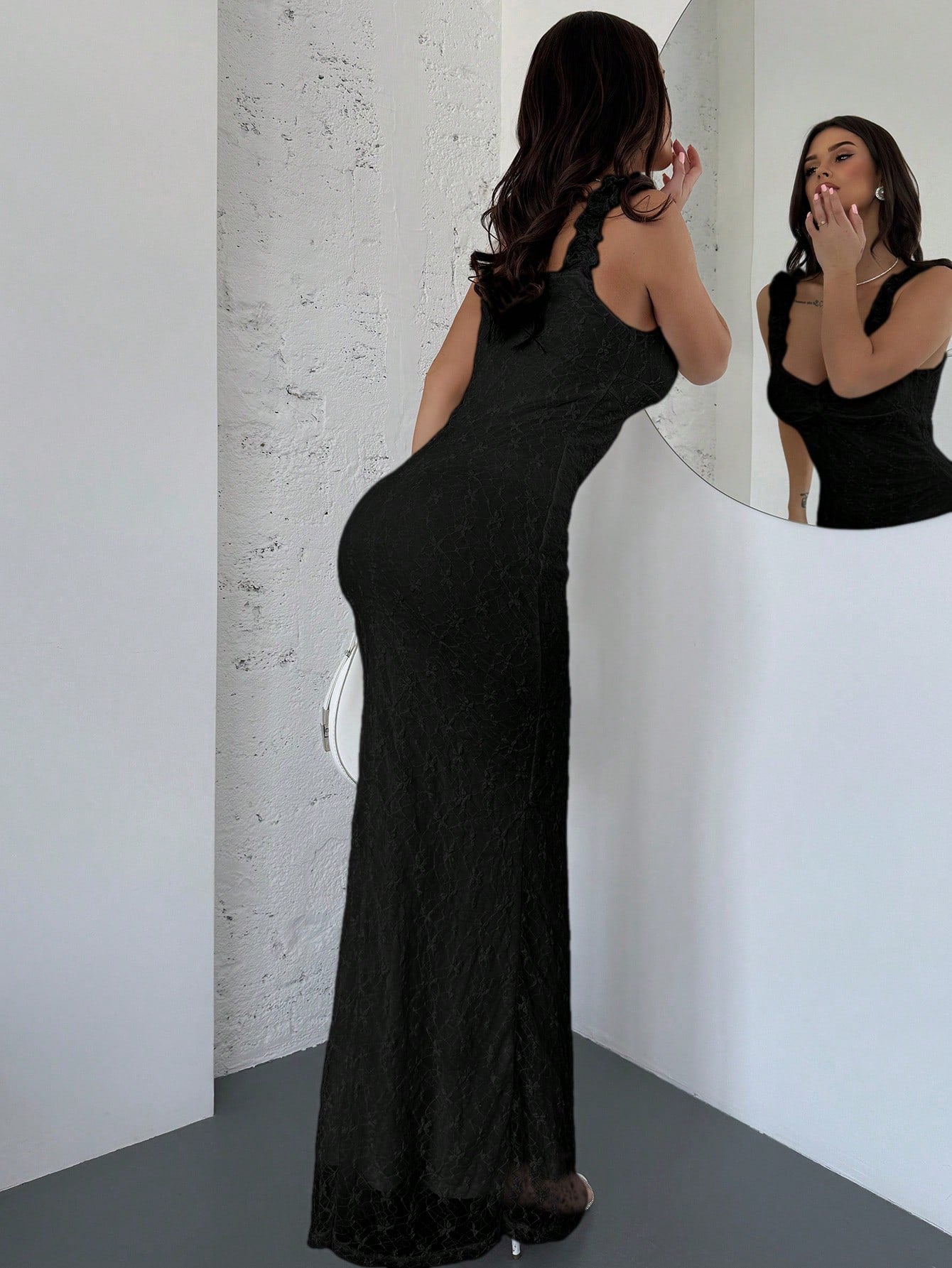 White Lace Ruffle Shoulder Strap Bodycon Long Dress for Daily, Date Night, Holiday, and Wedding Events