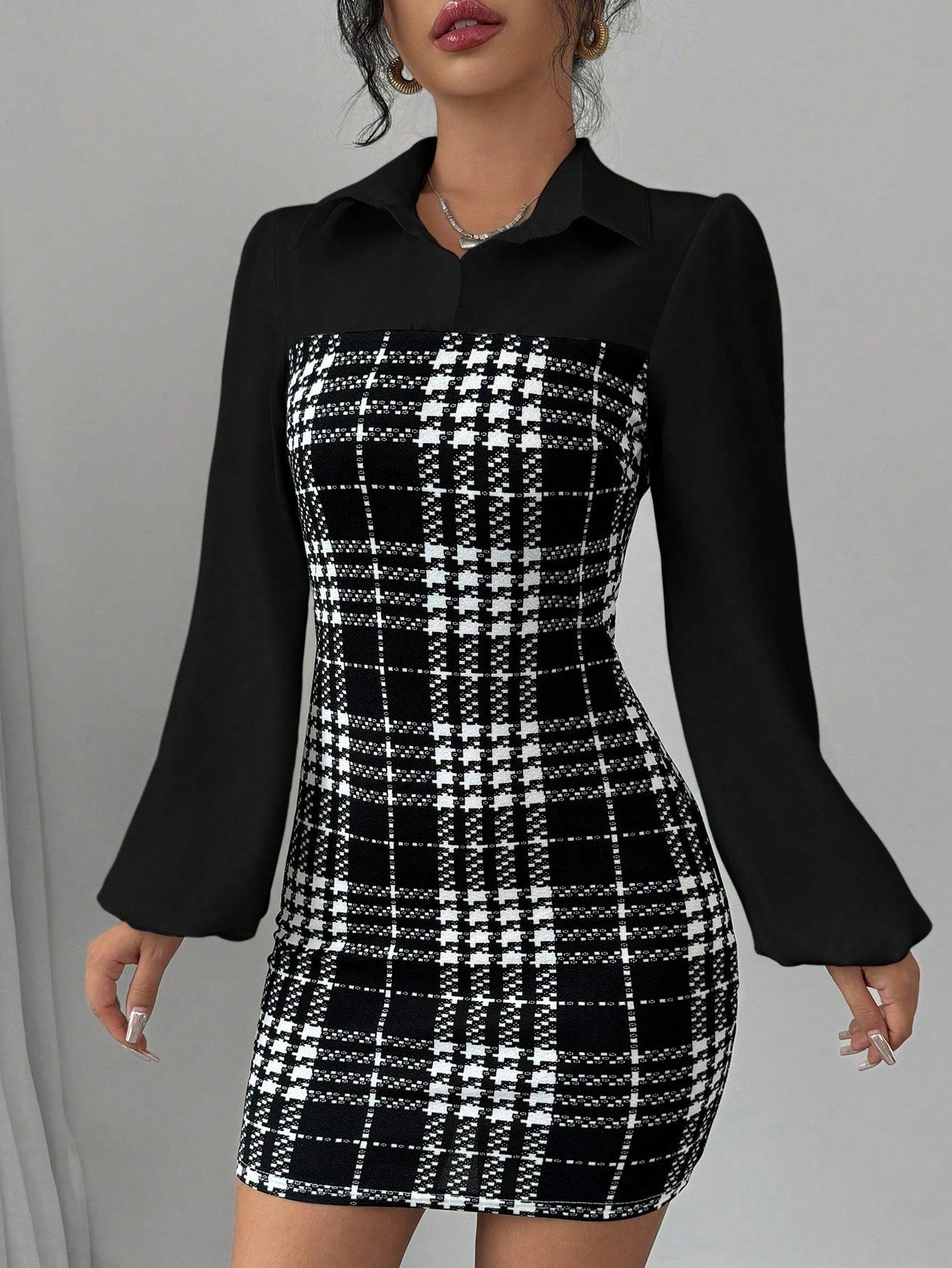 Women’s Woven Fabric Long Sleeve Dress, Collared Patchwork Design, Lantern Sleeve Style, Houndstooth Pattern, 1 Piece, For Autumn and Winter Wear